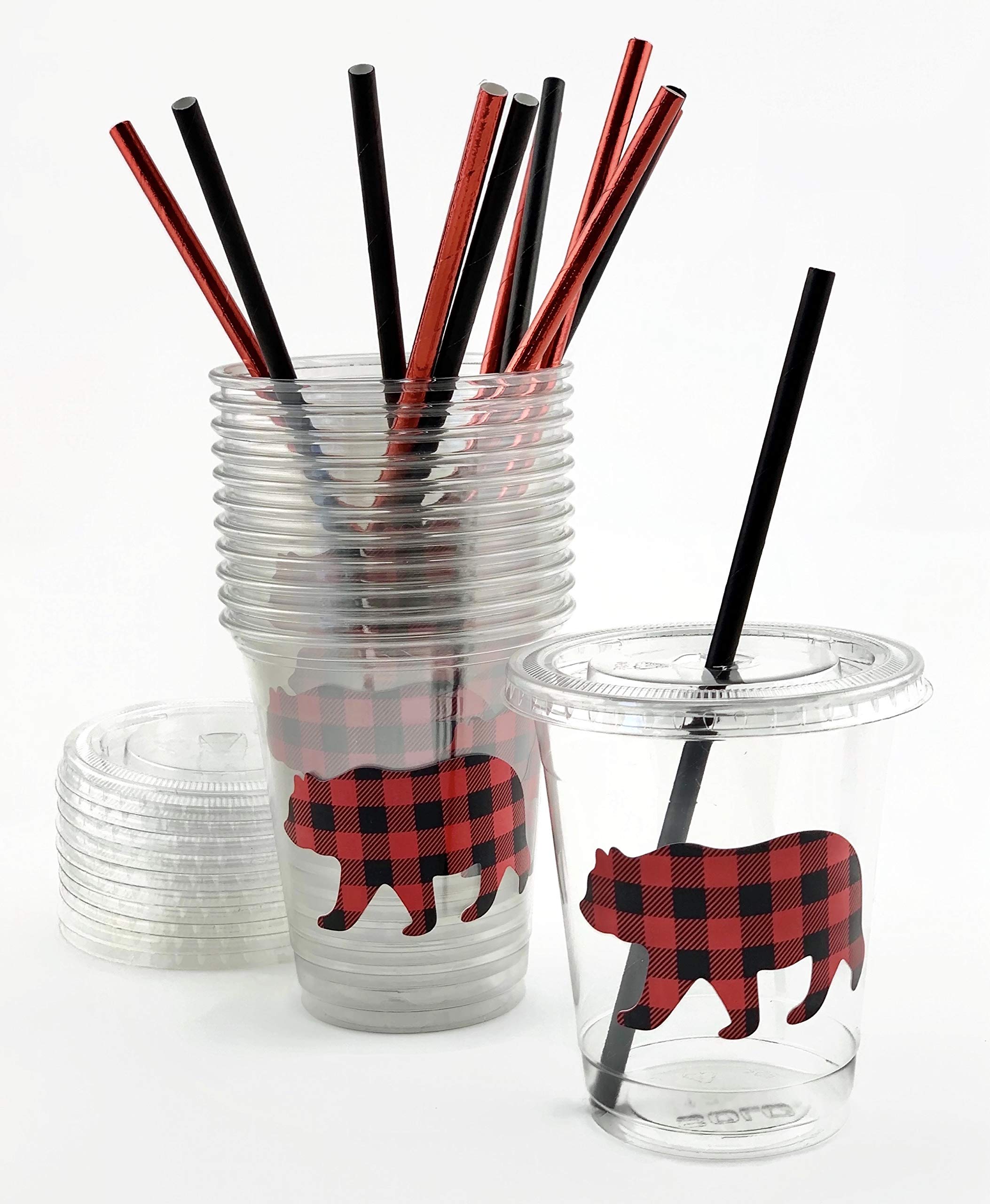 Buffalo Plaid Bear Baby Shower Cups - 12 Pack Lumberjack Themed Party Cups for Birthday, Baby Shower & Rustic Events - Perfect for Outdoor Picnics, Camping & Cabin Celebrations