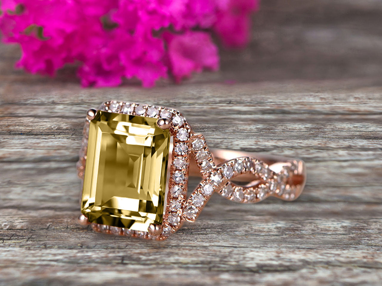 1.50 Carat Emerald Cut Champagne Diamond Moissanite Engagement Ring - 10k Rose Gold Promise Ring for Women, Bridal Jewelry, Anniversary Gift - Elegant Halo Art Deco Design for Weddings & Special Occasions
