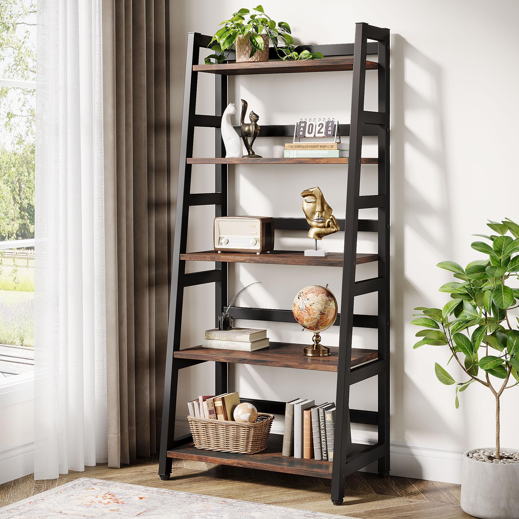 Tribesigns 5-Tier Industrial Bookshelf - Sturdy Ladder Bookcase with 5 Shelves for Home Office, Living Room Storage & Organization - Perfect for Displaying Books, Decor & Plants in Modern Spaces