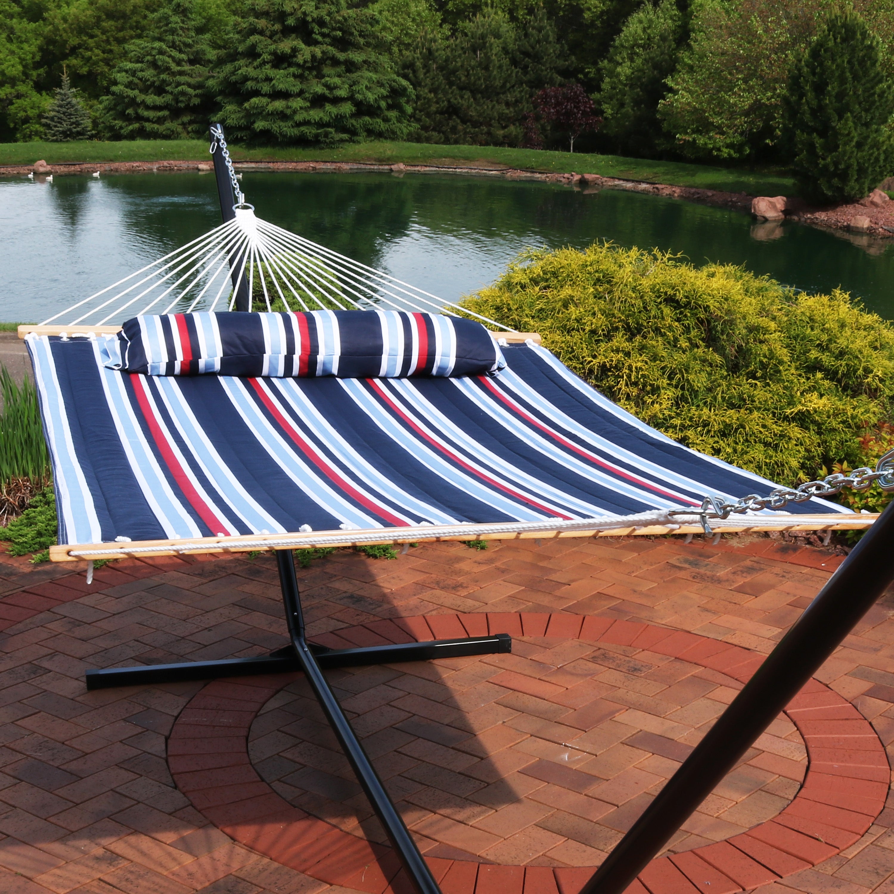 Sunnydaze 2 Person Quilted Fabric Double Hammock with Pillow - Portable Outdoor Hammock for Backyard, Camping & Beach Relaxation