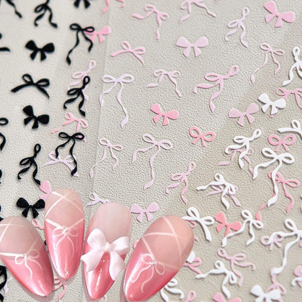 Sweet Pink White Black Bow Nail Stickers - Kawaii Waving Ribbon Bowknot Nail Art Decor - Cute Nail Design Stickers & Decals for Women - Perfect for DIY Nail Art, Parties, and Gifts - Nail Art Supplies & Accessories