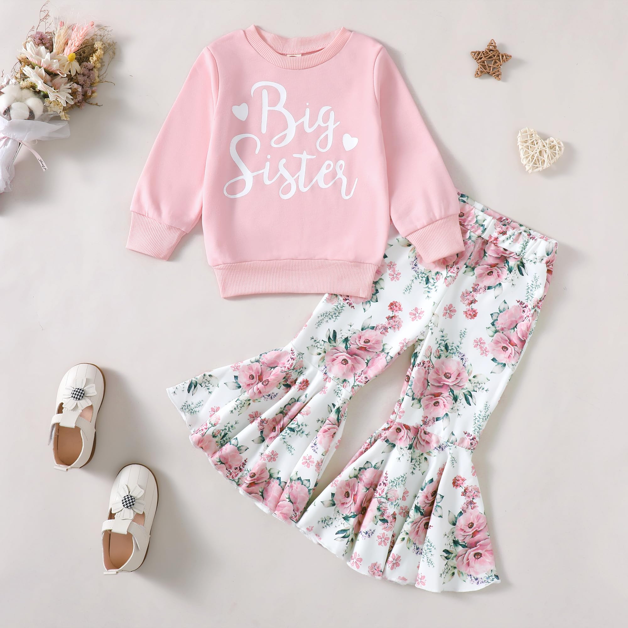 Big Sister Little Sister Matching Outfits - Toddler & Baby Girl Sweatshirt Top with Flare Pants Set | Cute Sister Twin Clothes for Family Photos, Birthday Parties & Holiday Outfits