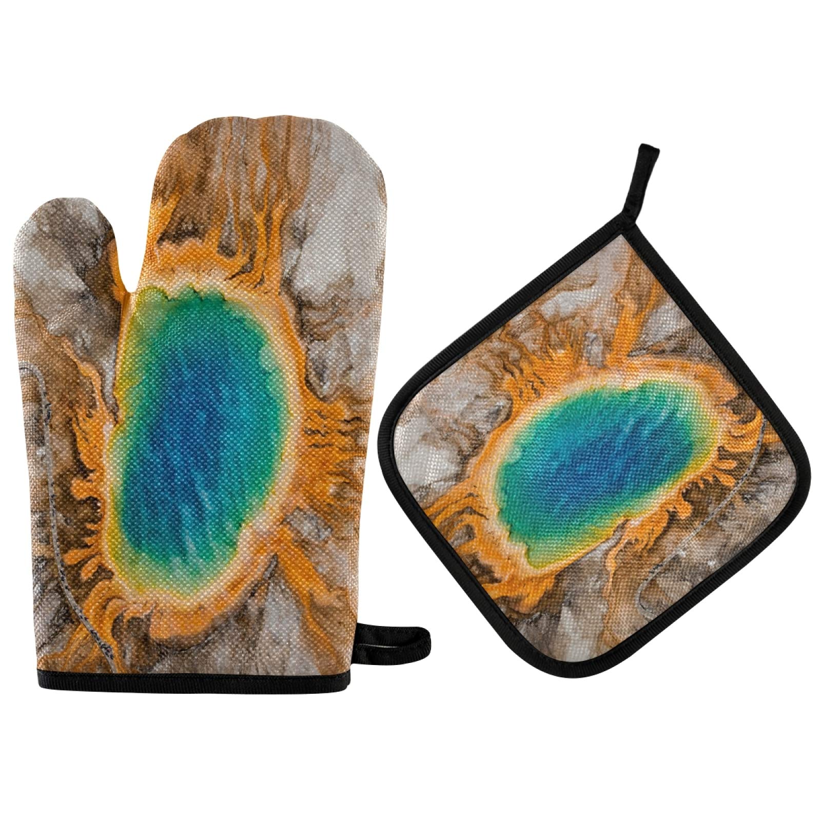QUGRL Heat Resistant Oven Mitts & Pot Holders Set - Yellowstone National Park Inspired Grand Prismatic Spring Design - Kitchen Cooking Gloves for Baking, BBQ & Handling Hot Cookware - Perfect for Grilling, Baking & Everyday Kitchen Use