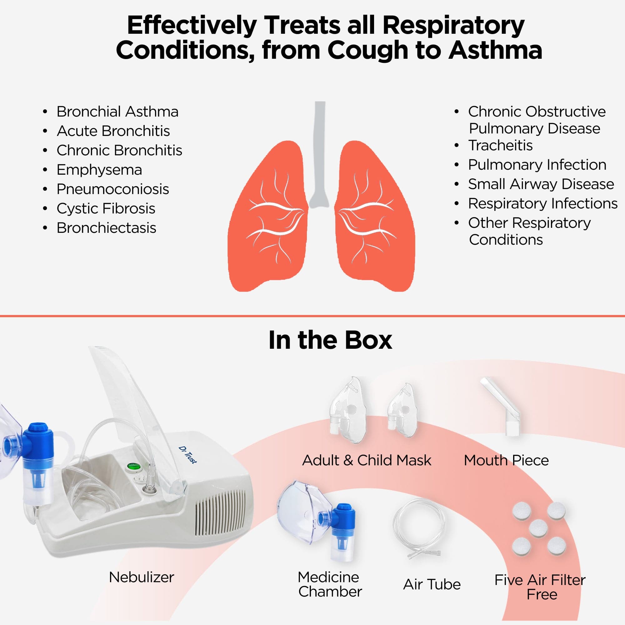Dr Trust USA Compressor Plus Nebulizer 405 - Portable Medical Nebulizer Machine for Adults & Kids - Fast & Effective Asthma, COPD & Allergy Relief - Home & Travel Use
