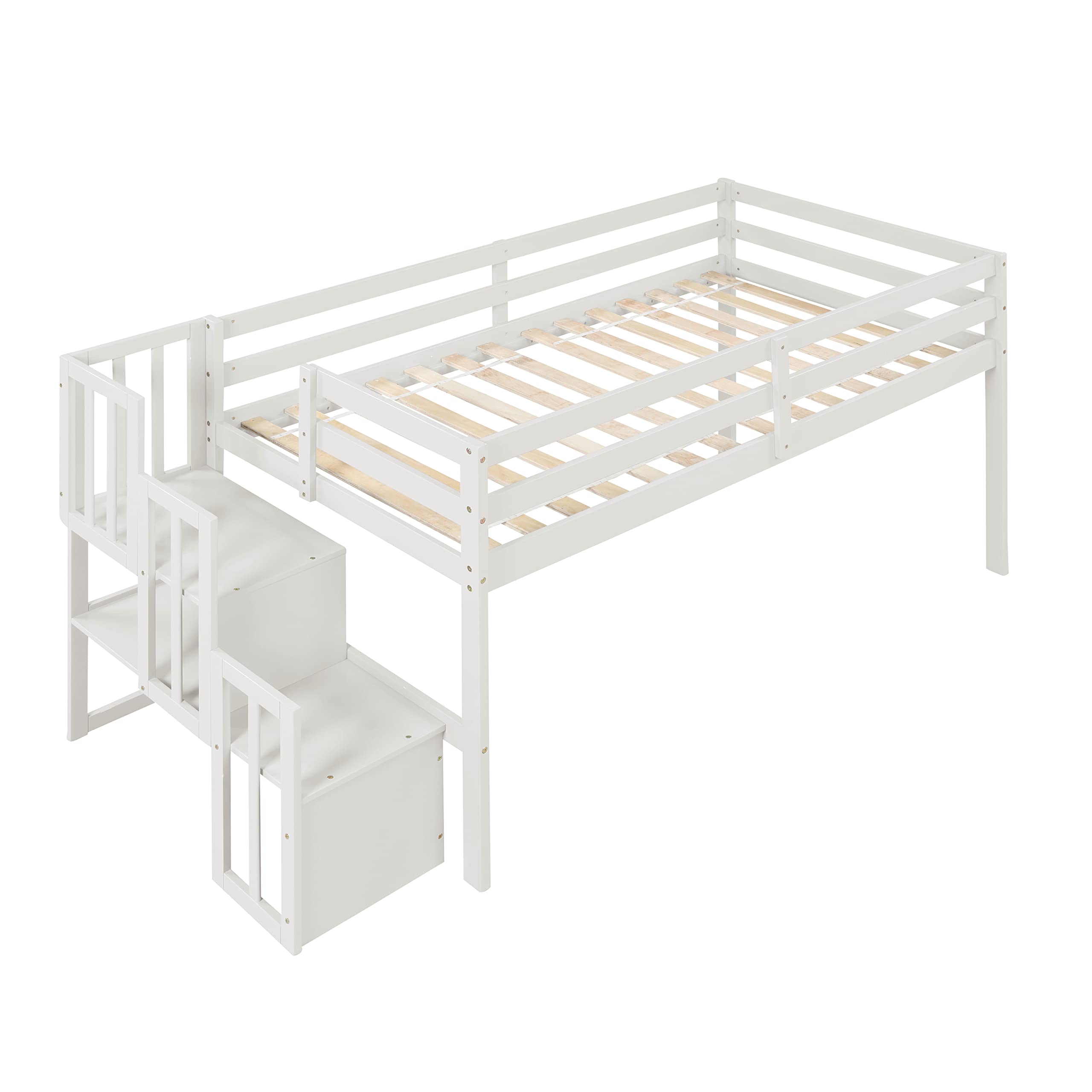 Harper & Bright Designs Low Loft Bed with Storage Staircase - Twin Size Wood Loft Bed Frame with Shelves & Safety Guardrails for Kids, Teens & Toddlers - No Box Spring Needed (White) - Perfect for Small Bedrooms, Dorms & Kids' Rooms with Limited Space