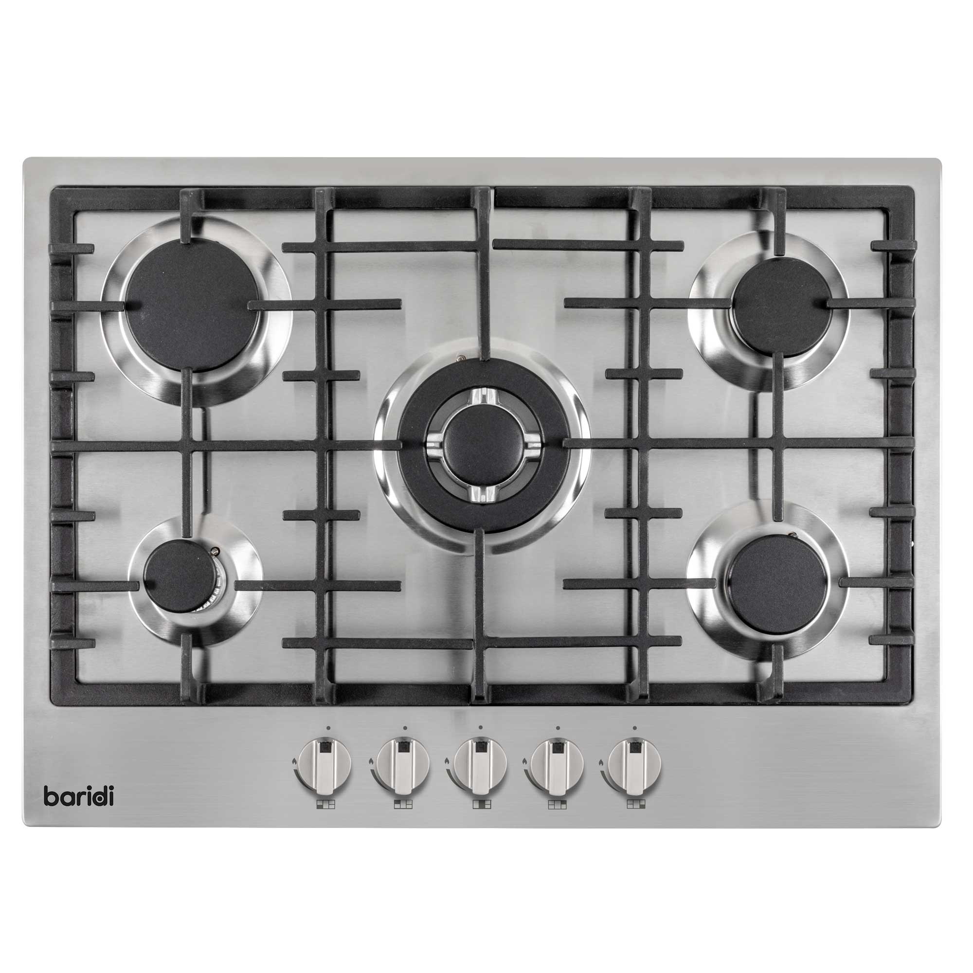 Baridi 70cm Built-In 5 Burner Gas Hob with Cast Iron Pan Supports - Stainless Steel Cooktop for Professional Kitchen | Perfect for Home Chefs & Restaurant Cooking