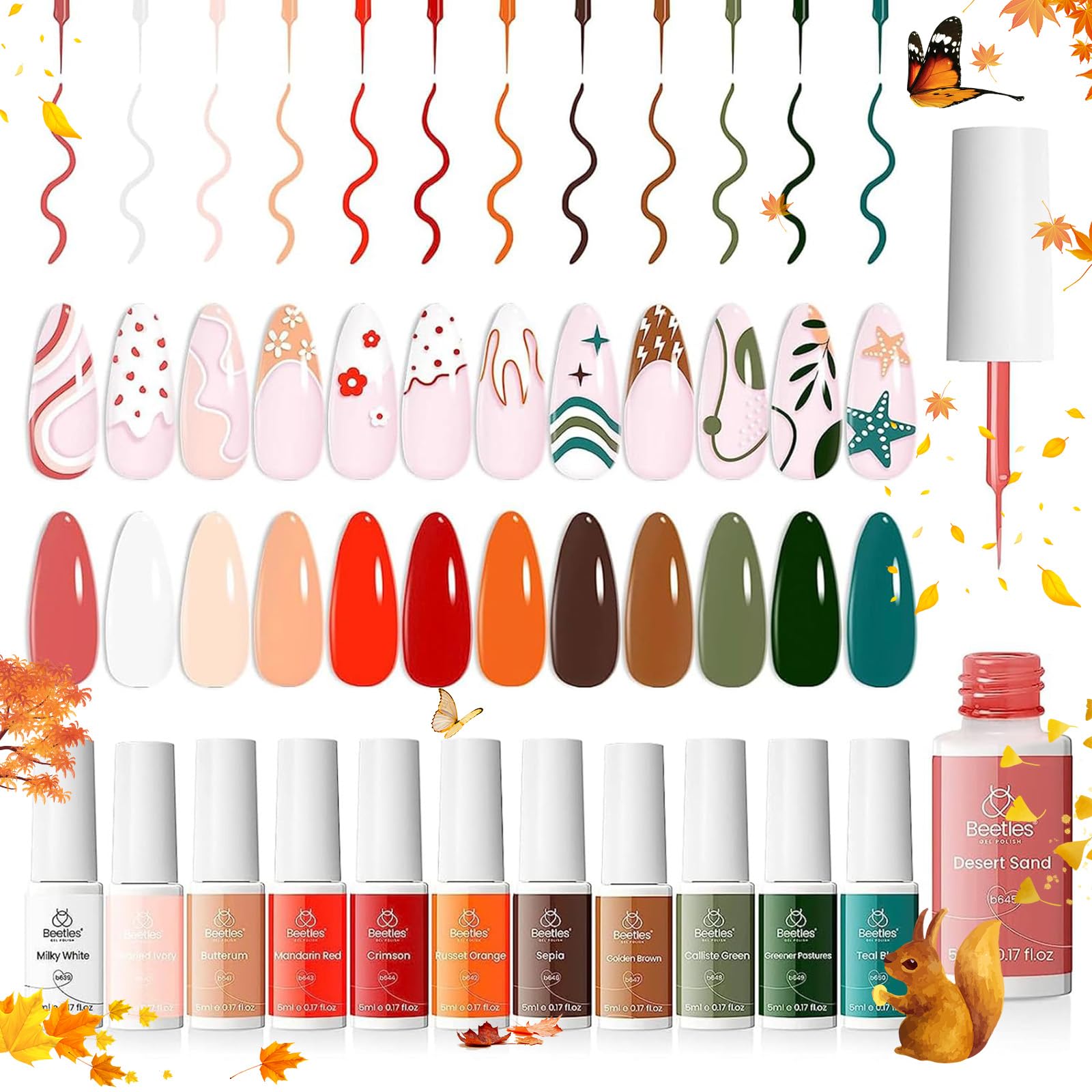 Beetles 12-Piece Gel Nail Polish Set - White, Nude, Red & Green Soak-Off UV/LED Gel Polish with Thin Brush for Nail Art | Salon Quality, Long-Lasting Fall Colors for Manicures & Pedicures at Home