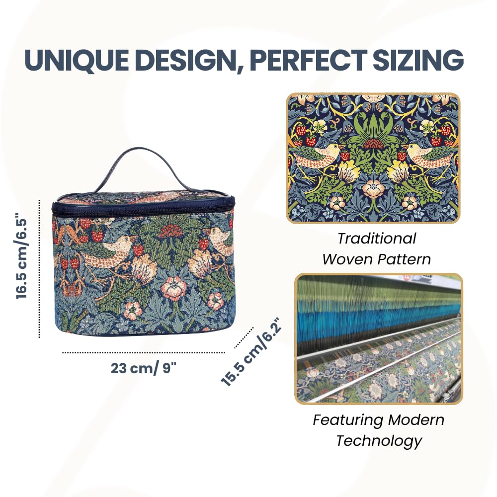 Signare William Morris Strawberry Thief Blue Tapestry Toiletry Bag - Waterproof Makeup Organizer for Women | Travel Cosmetic Case for Vacation, Gym & Daily Use