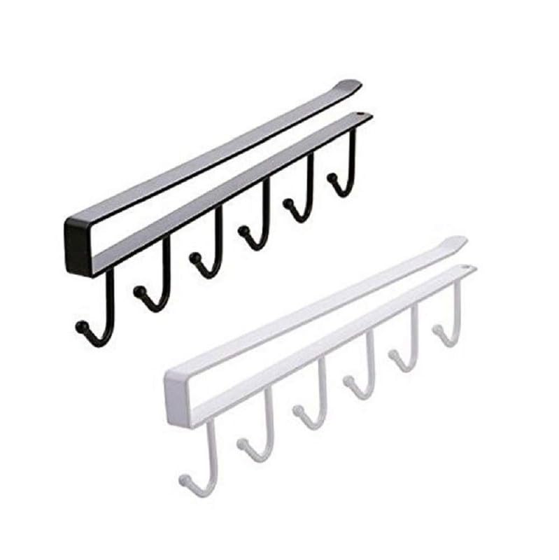 KLIVE 6-Hook Under Shelf Cup Holder - Stainless Steel Multi-Functional Kitchen Utensil Rack for Hanging Mugs, Spoons & Cooking Tools (1 Pack) - Perfect for Small Kitchen Organization & Space Saving Storage