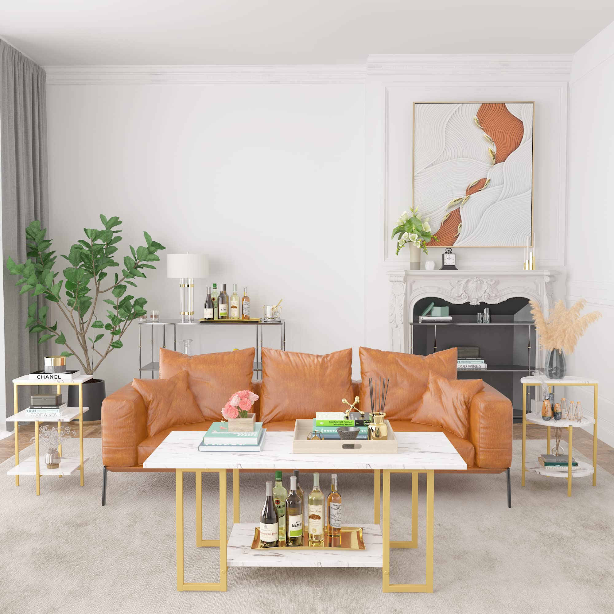 Premium Faux Marble Coffee Table Set with 2 End Tables - Modern 3-Piece Living Room Furniture with Storage Shelves & Sturdy Metal Frame, White & Gold Finish | Space-Saving Design for Apartments & Small Spaces | Perfect for Entertaining, Relaxing & Home Decor