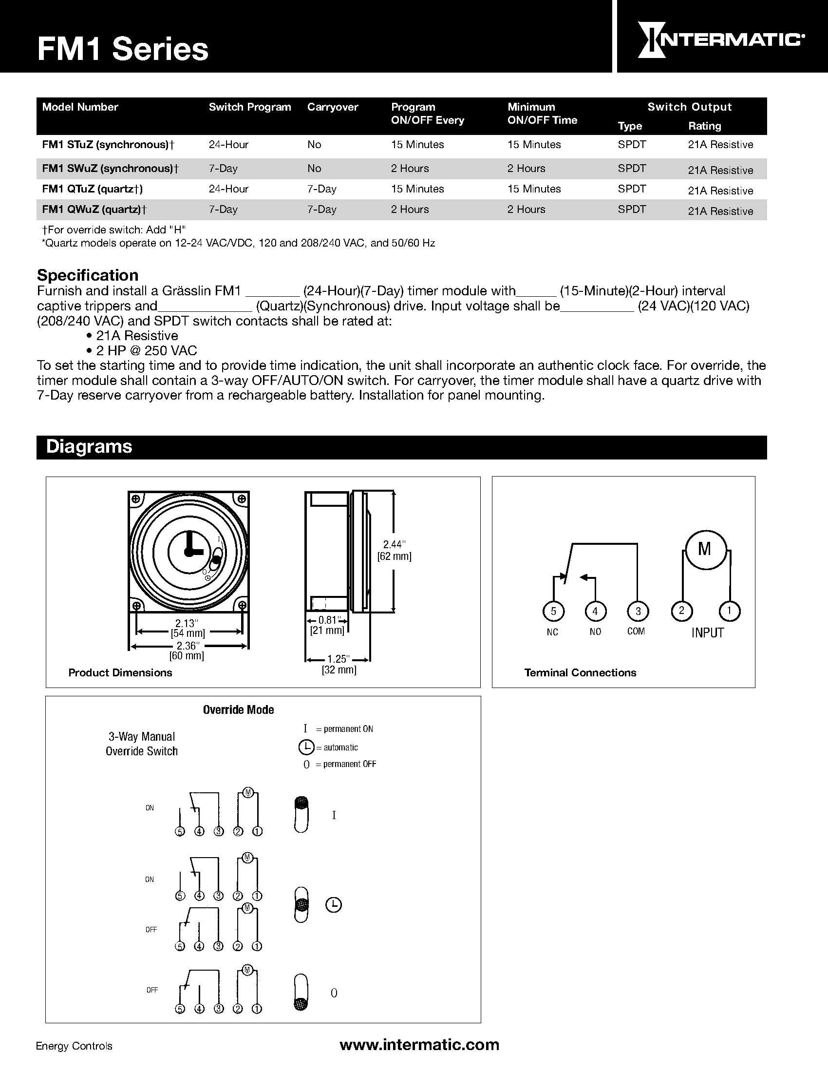 Intermatic FM1STUZH-240U 24-Hour 21A SPDT 240V Electromechanical Timer Module with Manual Override Switch - White | Heavy-Duty Appliance & Lighting Control for Home, Office & Industrial Use