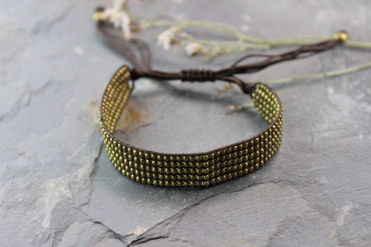 Adjustable Brass Beaded Band Bracelet for Women - Handmade Boho Jewelry - Perfect for Casual Wear, Parties & Gifts