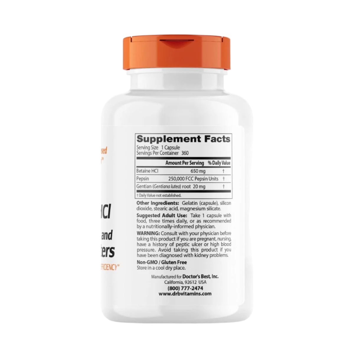 Doctor's Best Betaine HCL with Pepsin & Gentian Bitters - 360 Capsules for Digestive Support | Stomach Acid Relief & Gut Health Supplement | Ideal for Heartburn, Bloating & Protein Digestion