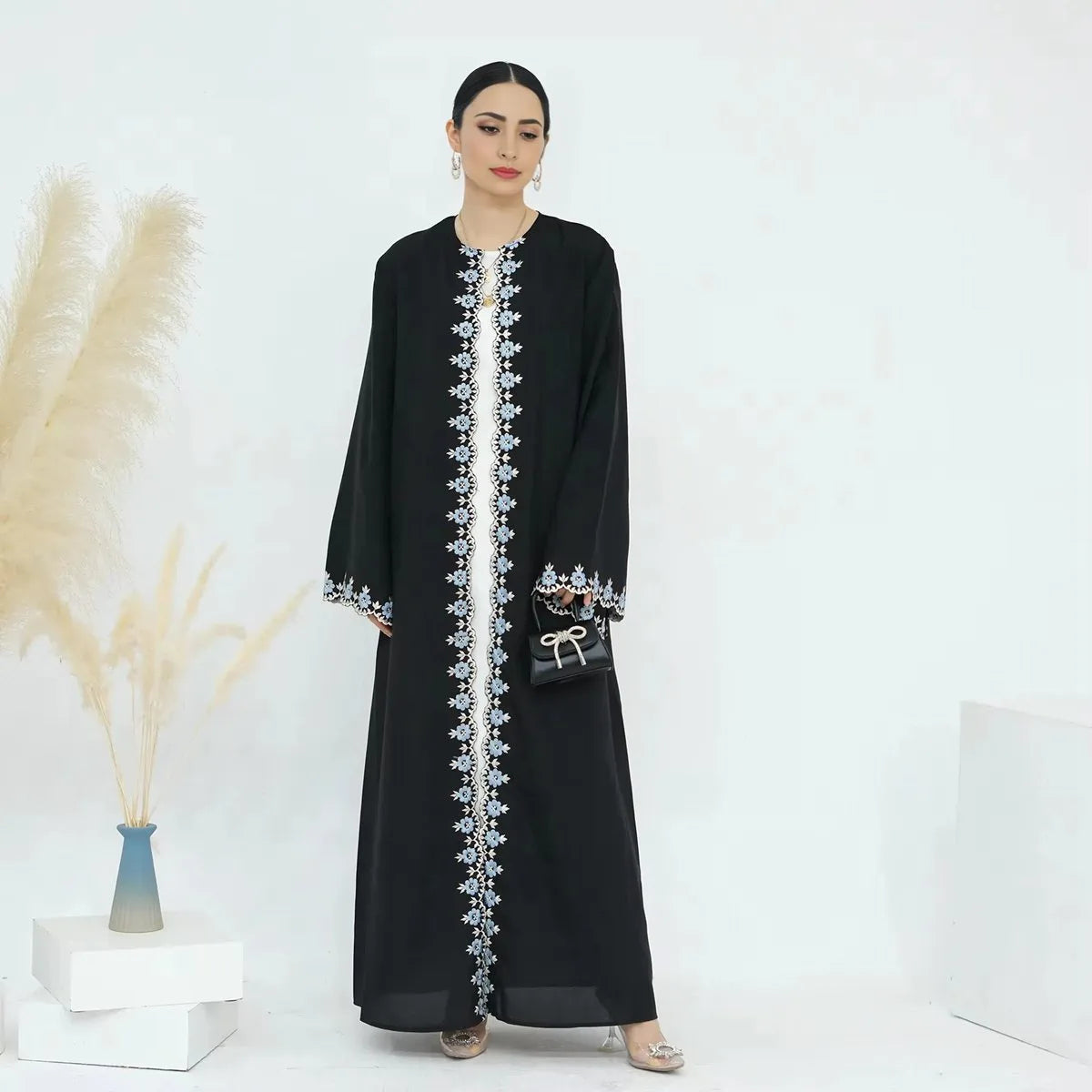 Floral Embroidered Nida Cardigan Open Abaya Dress for Women - Elegant Muslim Abaya with Embroidery Details for Prayer, Mosque, and Special Occasions