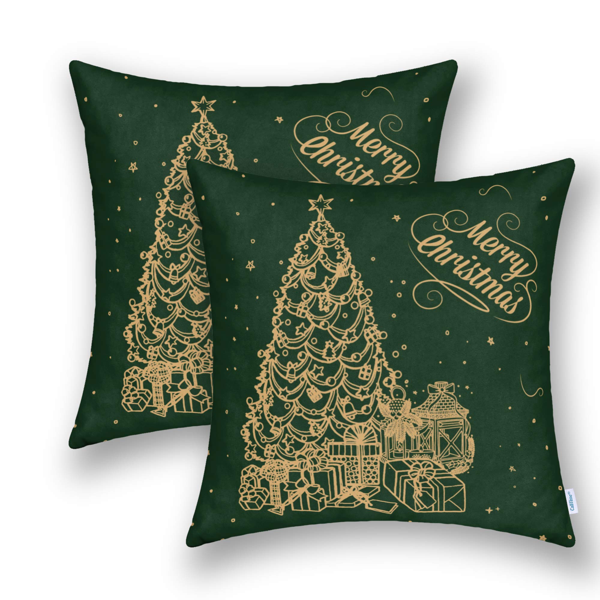 CaliTime 18x18 Inch Christmas Tree Print Fleece Throw Pillow Covers Pack of 2 - Soft Cozy Decorative Cushion Covers for Sofa, Couch, Bedroom - Perfect Holiday Home Decor Gift (Green)