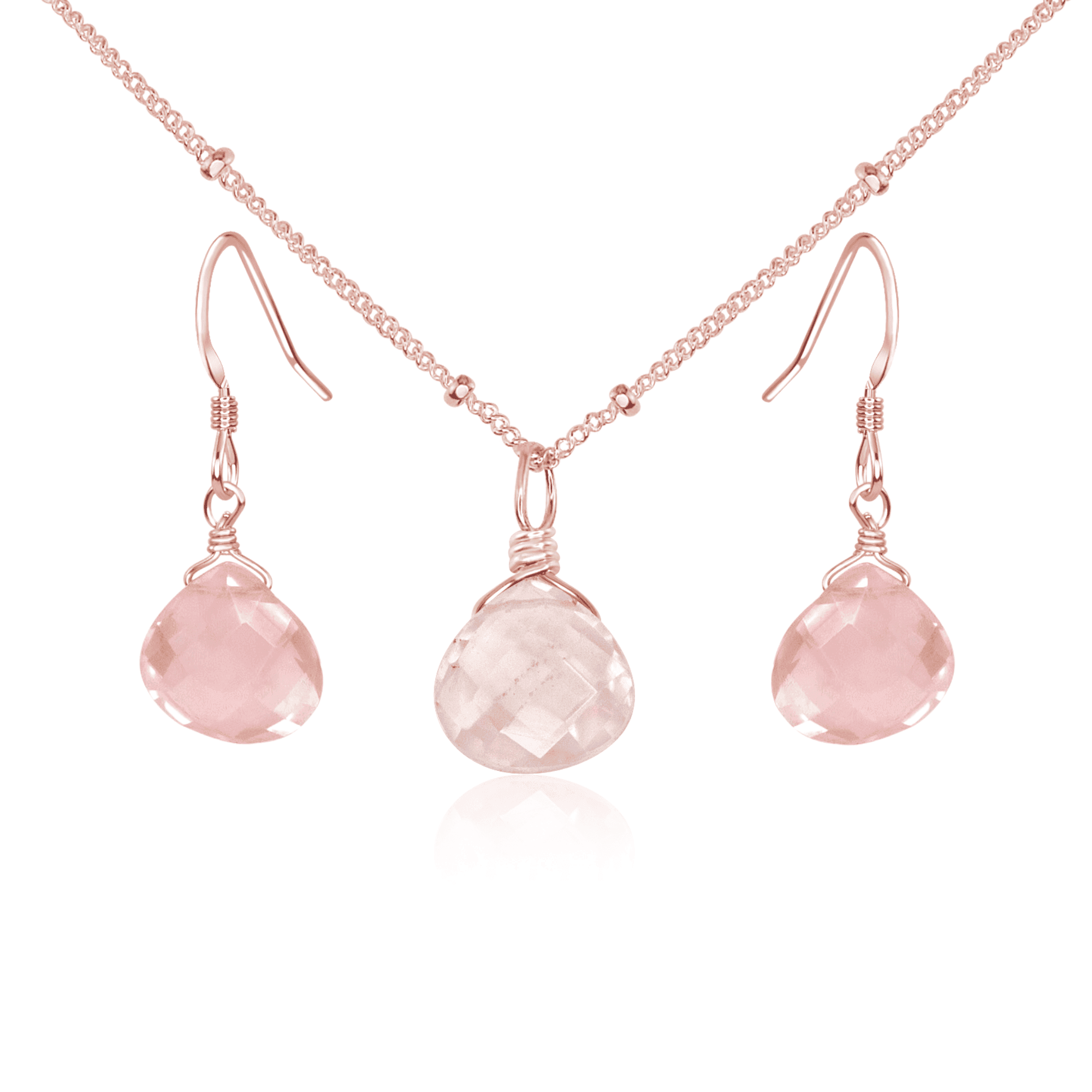 Rose Quartz Tiny Teardrop Earrings & Necklace Set - Dainty Crystal Jewelry for Women | Perfect for Valentine's Day, Anniversary Gifts & Everyday Elegance