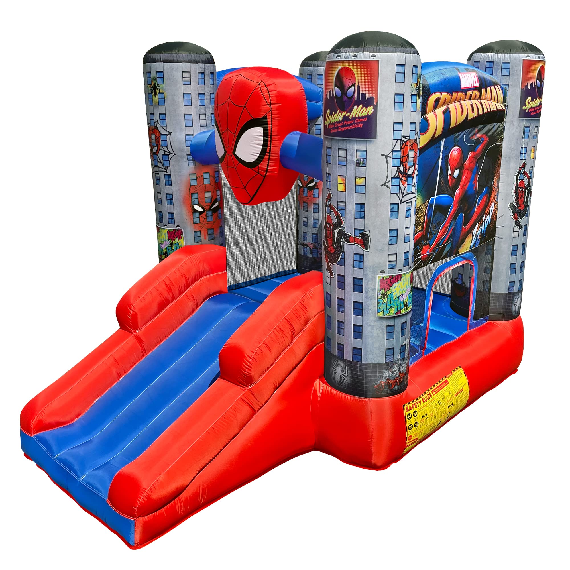 Marvel Spider-Man Bounce House with Slide - Kids Inflatable Spiderman Bouncy Castle for Indoor & Outdoor Play - Includes Heavy Duty Air Blower - Perfect for Birthday Parties, Backyard Fun & Playground Activities