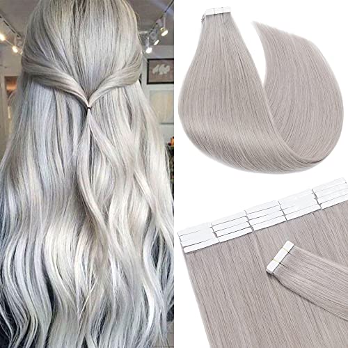 SEGO 100% Remy Human Hair Tape Extensions - 12 Inch Grey Straight 20pcs (40g) | Natural Real Seamless Skin Weft with Invisible Rooted Double Sided Tape | Perfect for Women's Hair Extensions, Styling & Volume Boost for Daily Wear, Parties & Special Occasions