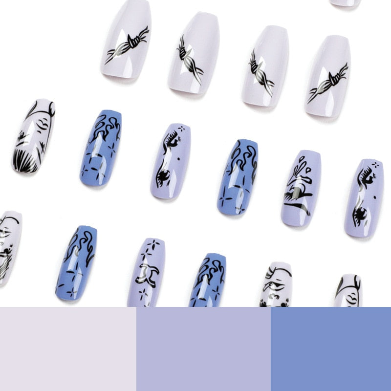 Black Comic Hand Drawn Press on Nails - Glossy Purple Ballet False Nails with Detachable Design | Perfect for Parties, Cosplay & Daily Wear