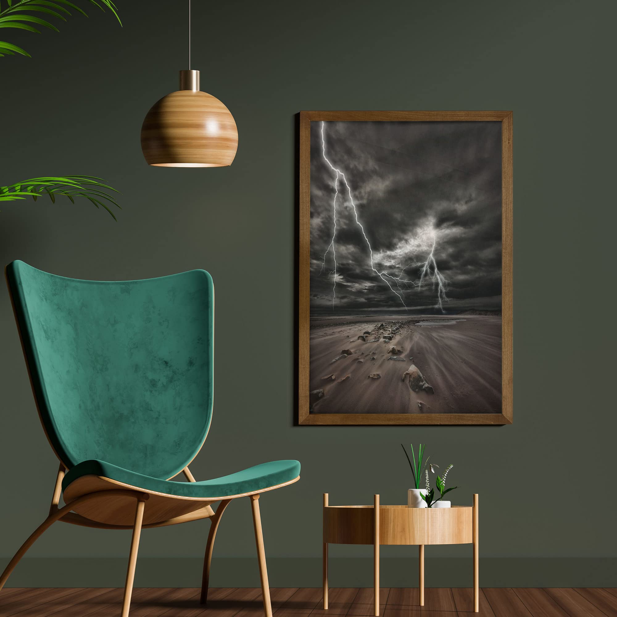 Ambesonne Nature Framed Wall Art - Thunderstorm Beach Landscape Print with Teak Wood Frame, 23x35 Inch Brown Grey Fabric Decor for Living Room, Bedroom & Dorm | Coastal Storm Themed Home Decoration