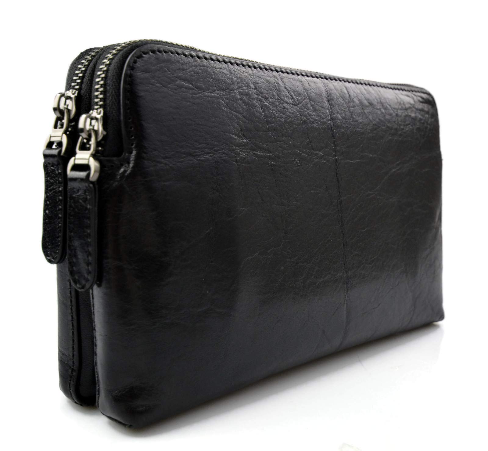 Stylish Black Leather Clutch Bag with Zipper - Premium Leather Zippered Pouch for Women - Perfect for Evening Parties, Weddings & Date Nights