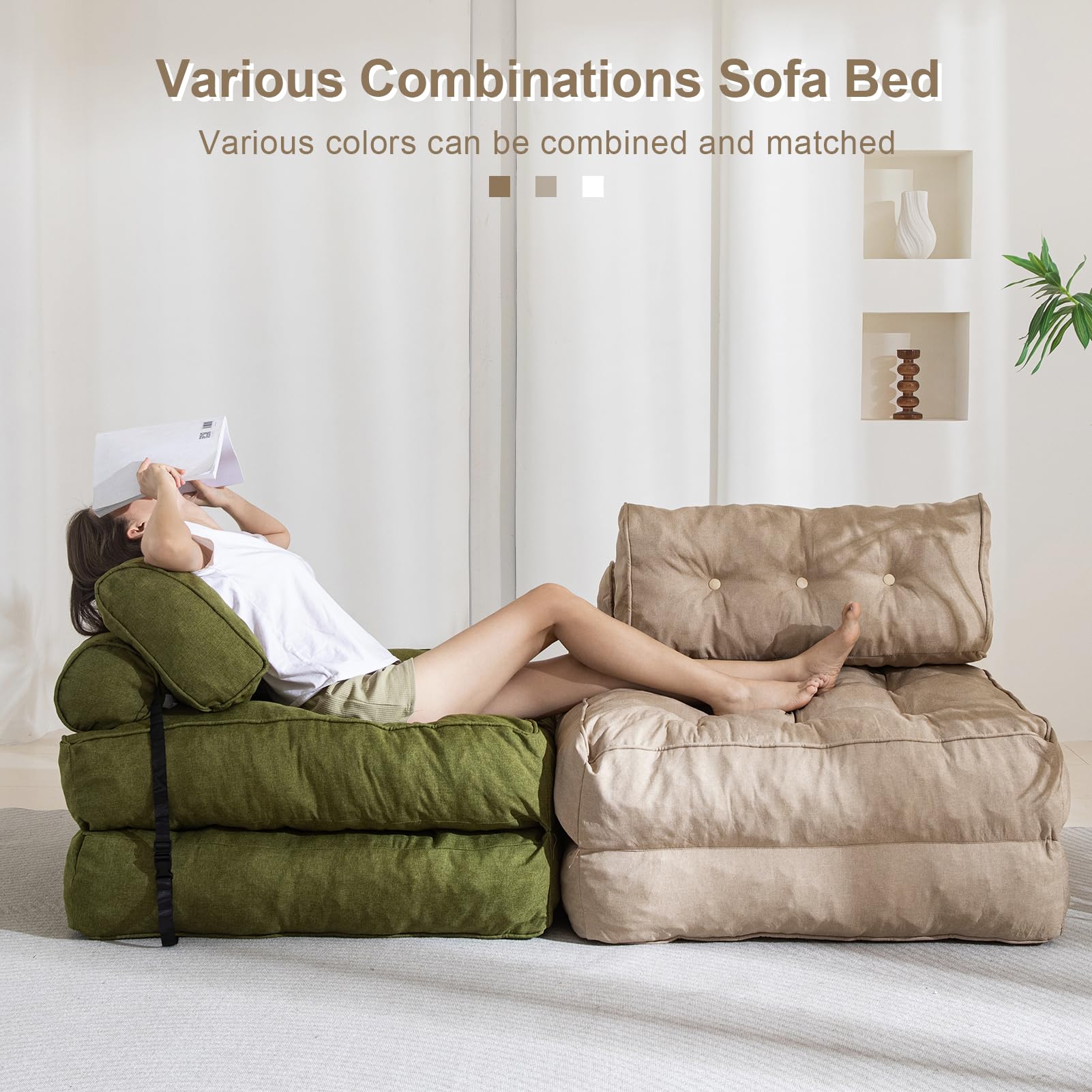 MAXYOYO Folding Couch Sofa Bed - Convertible Sleeper Chair with Back Support & Pillow, Green - Perfect for Small Spaces, Guest Rooms & Apartments