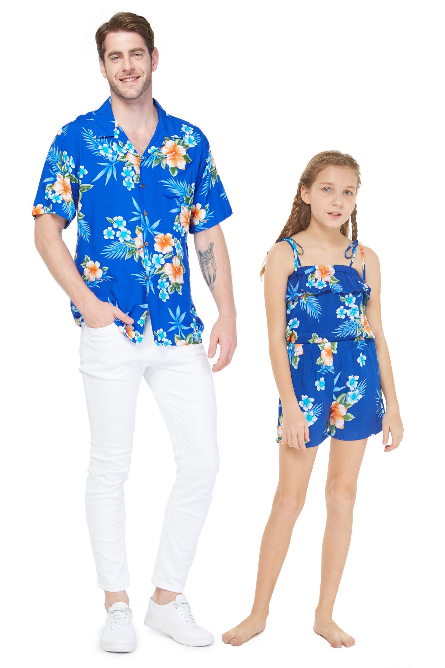 Matching Father Daughter Hawaiian Dance Shirts & Romper Set - Pink & White Hibiscus Vine Print - Perfect for Luau Parties, Family Vacations, and Dance Performances
