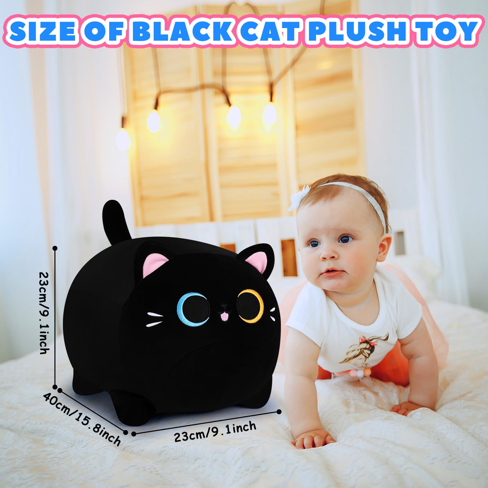 16'' Black Cat Plush Pillow with Unique Eyes - Soft Anime Stuffed Animal Toy for Kids, Girls & Boys | Perfect Birthday Gift, Home Decor, and Cuddly Companion