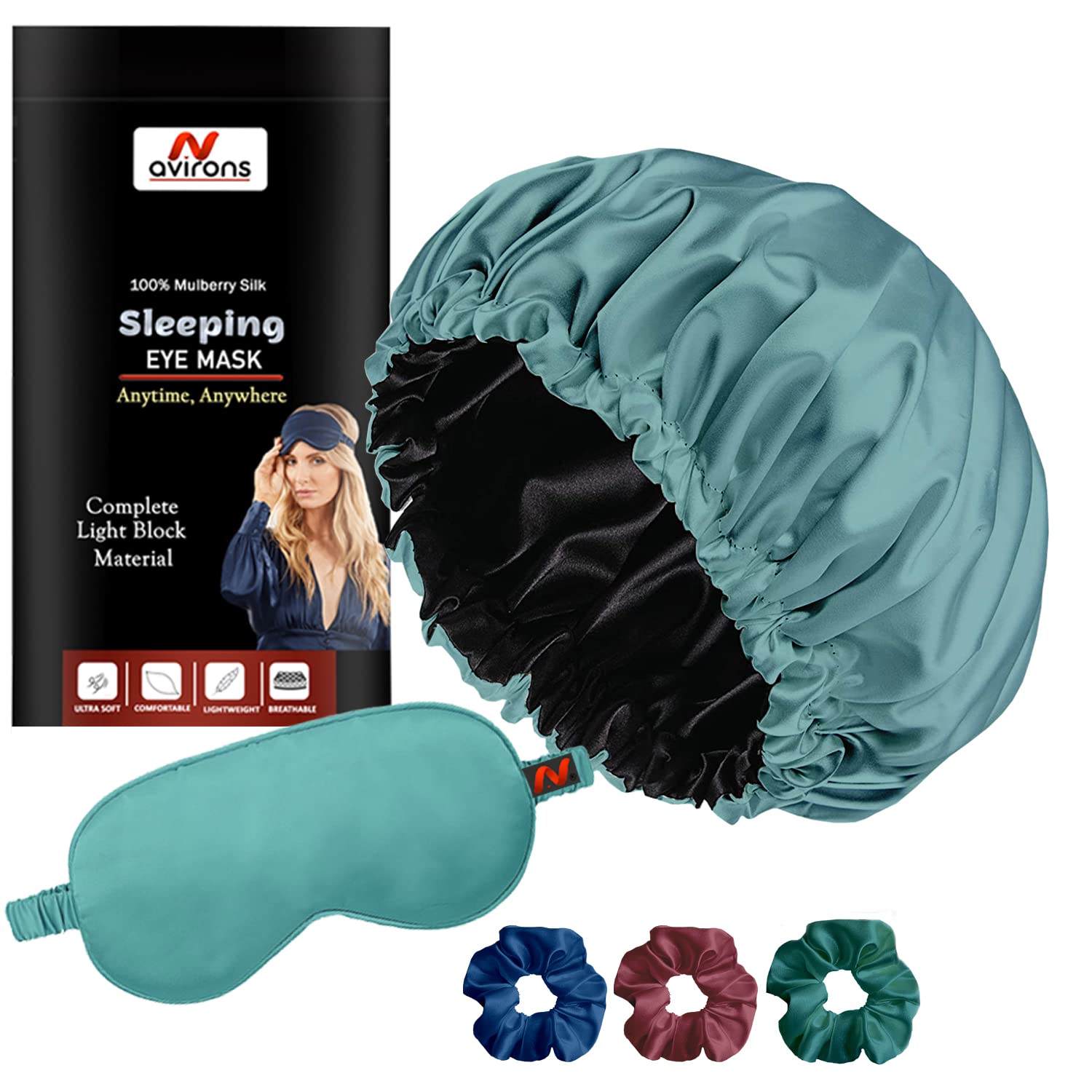Avirons Pure Satin Silk Hair Bonnet Cap for Women & Girls - Double Layer Sleeping Hair Cover with Scrunchies & Eye Mask | Soft Hair Protection for Nighttime, Travel & Home Use | Prevents Breakage & Frizz