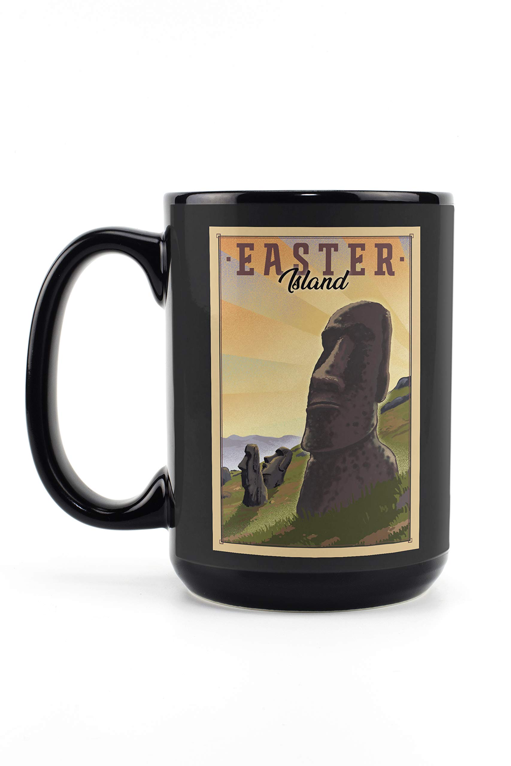 Easter Island Lithograph - 15oz Black Ceramic Coffee Mug & Tea Cup - Dishwasher & Microwave Safe - Ideal for Home, Office & Gift Giving - Perfect for Morning Coffee, Tea Time, Office Breaks & Holiday Gifts - Great for Coffee Lovers, Travel Mugs & Desk Decor