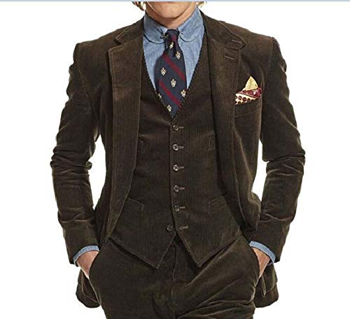 Men's 3-Piece Slim Fit Corduroy Suit Set - Dark Chocolate Brown Tuxedo Jacket, Vest & Pants for Prom, Wedding & Formal Events