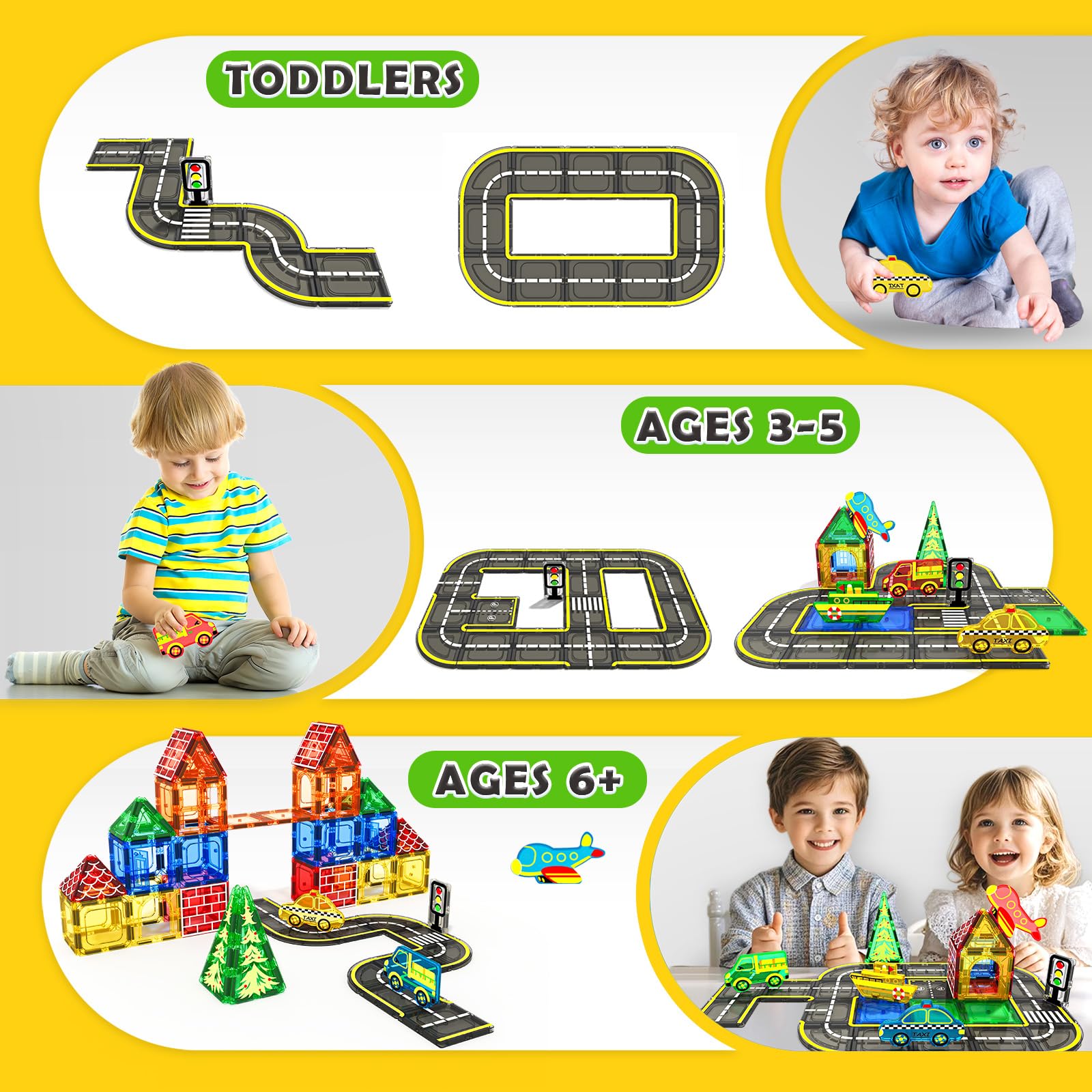 STEM Magnetic Tiles City Road Building Set with Toy Cars - Educational Construction Toys for Kids Ages 3-8 - Creative Learning Gift for Boys & Girls - Perfect for Preschool Playtime & STEM Classroom Activities