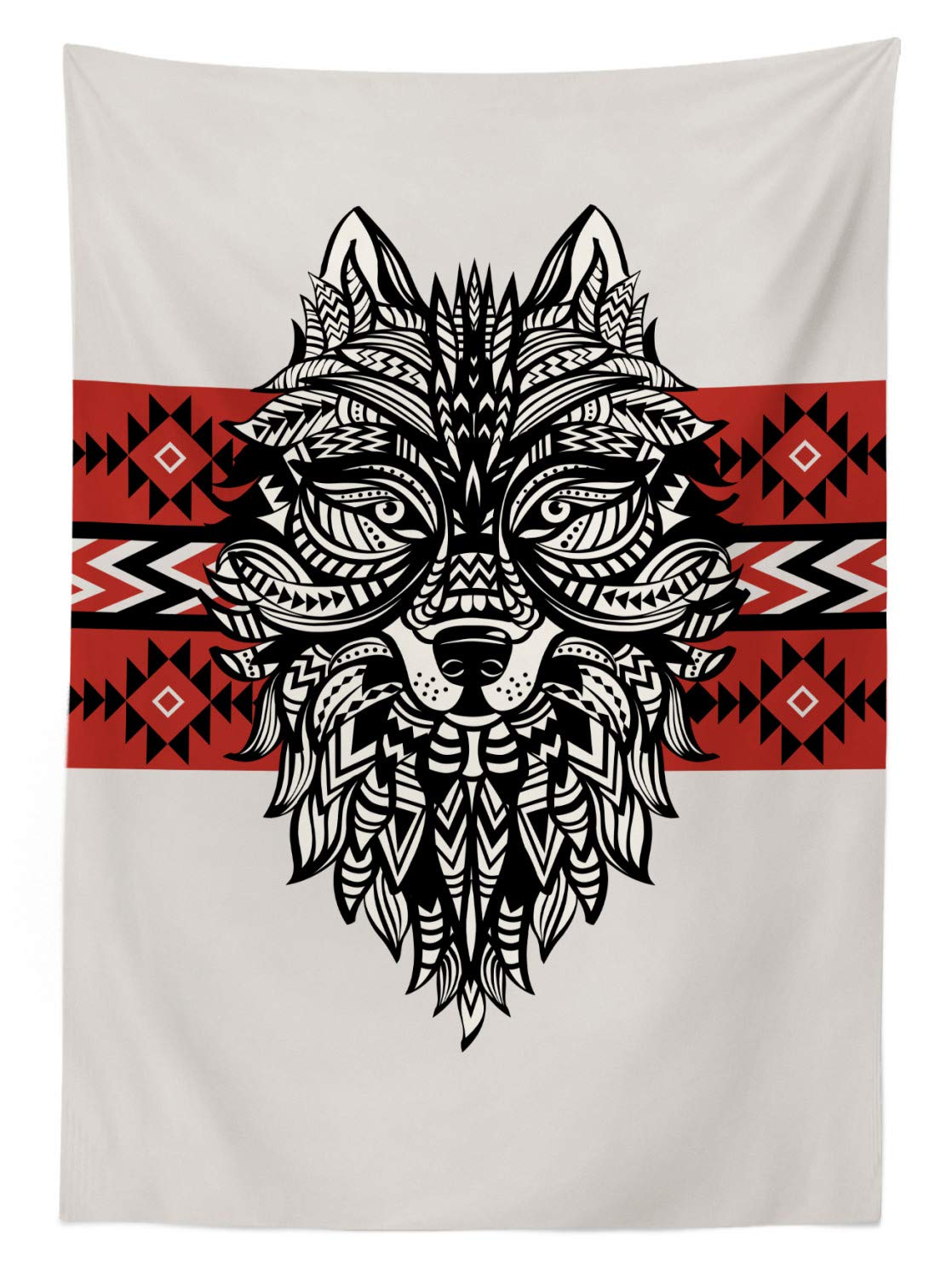 Ambesonne Wolf Print Outdoor Tablecloth - Tattoo Style Totem Animal Face with Swirls & Geometric Triangles - Waterproof Washable Picnic Table Cover 58x84 Inches (Red Black Cream) - Perfect for Camping, BBQs, Patio Parties & Outdoor Dining