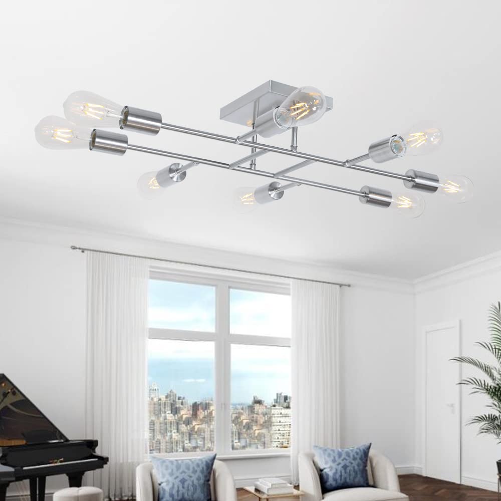 Modern 8-Light Chrome Sputnik Chandelier - Semi Flush Mount Ceiling Lamp with Metal Finish - Elegant Lighting Fixture for Dining Room, Living Room & Bedroom