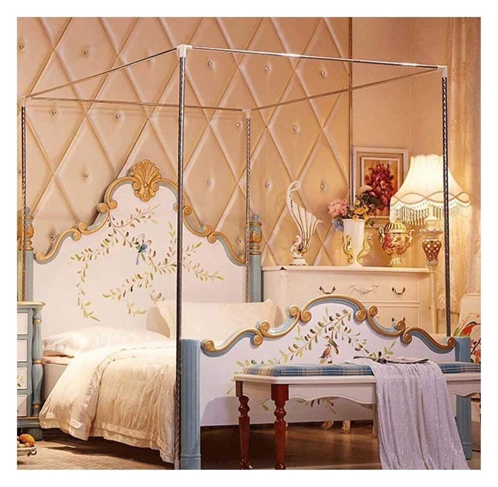 Premium Stainless Steel Mosquito Net Frame with Anti-Shake Fixator - 4 Corner Bed Canopy Bracket for 2x2.2m Bed - Thick Spiral Design Bed Stand (25mm) | Perfect for Outdoor Camping, Bedroom Protection & Baby Crib Safety