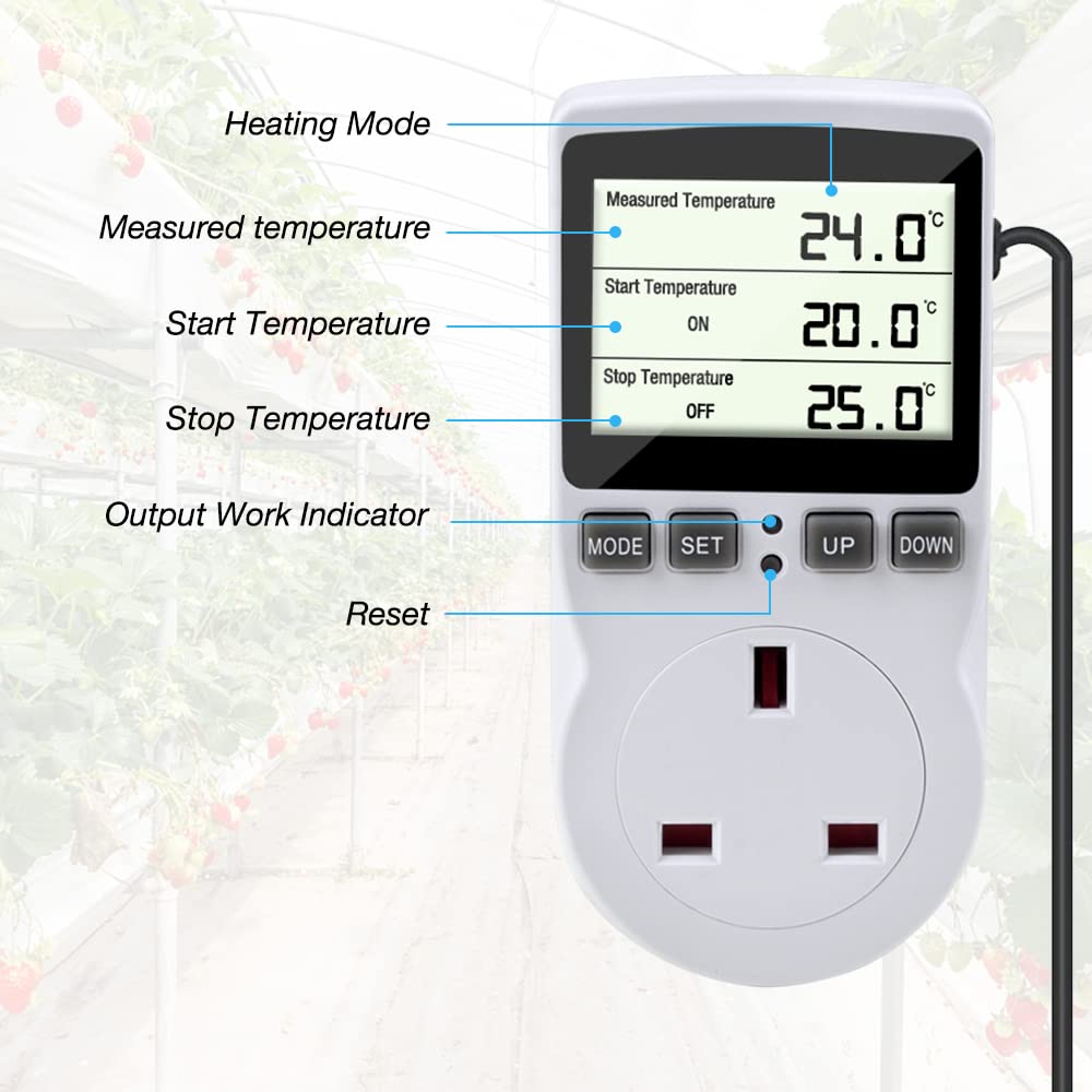 Gobesty Digital Temperature Controller Thermostat Outlet Socket - 230V Smart Plug with Temperature Sensor for Heating & Cooling - Perfect for Greenhouse, Farm, Aquarium, Reptile Tank & Home Brewing