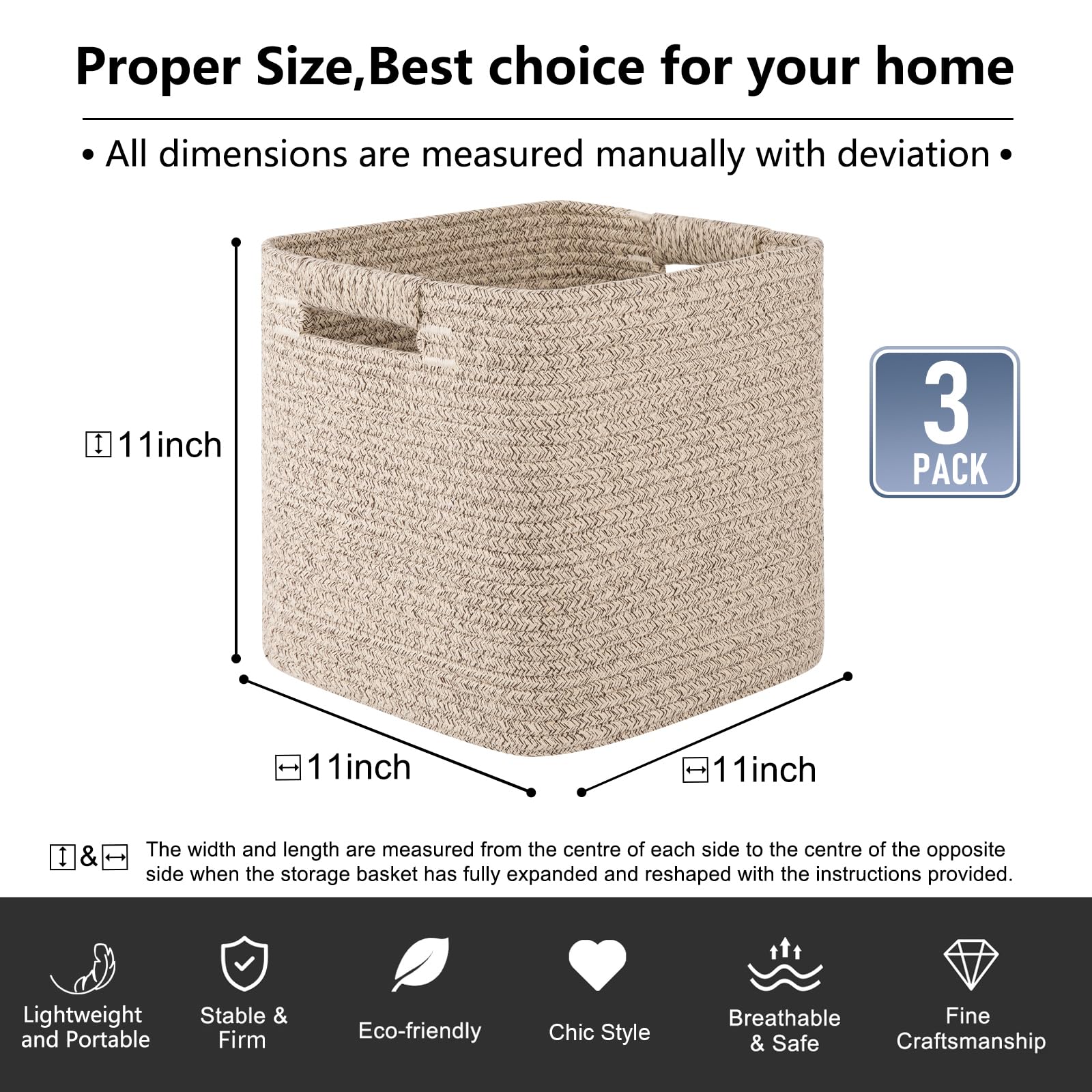 OIAHOMY 11 Inch Storage Cubes - 3 Pack Cotton Rope Woven Baskets, Square Organizer Bins for Shelves, Closet, Classroom, Nursery & Kids Toys - Perfect for Home Organization & Baby Room Storage (Brown)