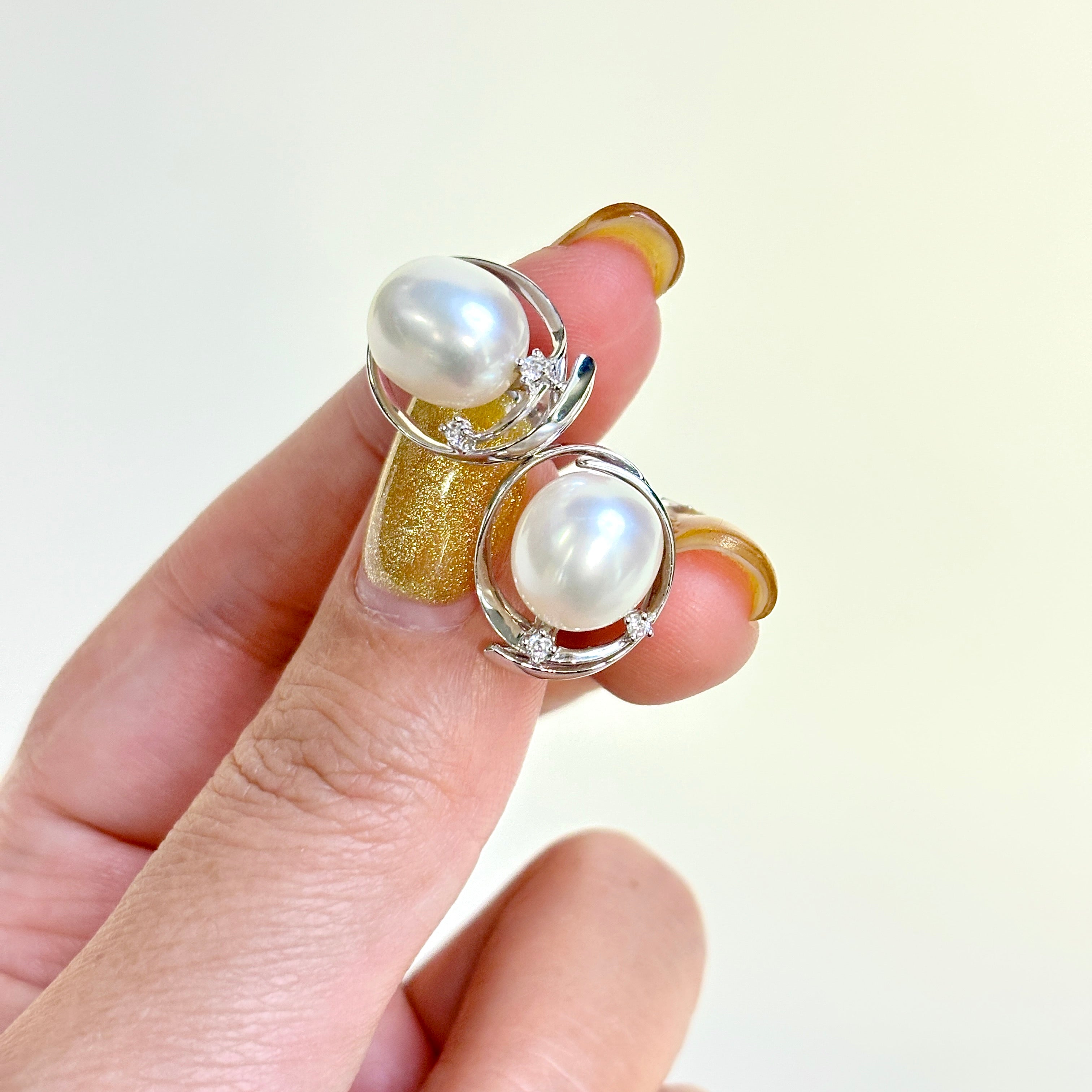 Mikimoto 18k White Gold Pearl & Diamond Stud Earrings | 10.70-9.50mm Freshwater Pearls, 0.06ctw Diamond Accents | Luxury Jewelry for Weddings, Anniversaries & Special Occasions