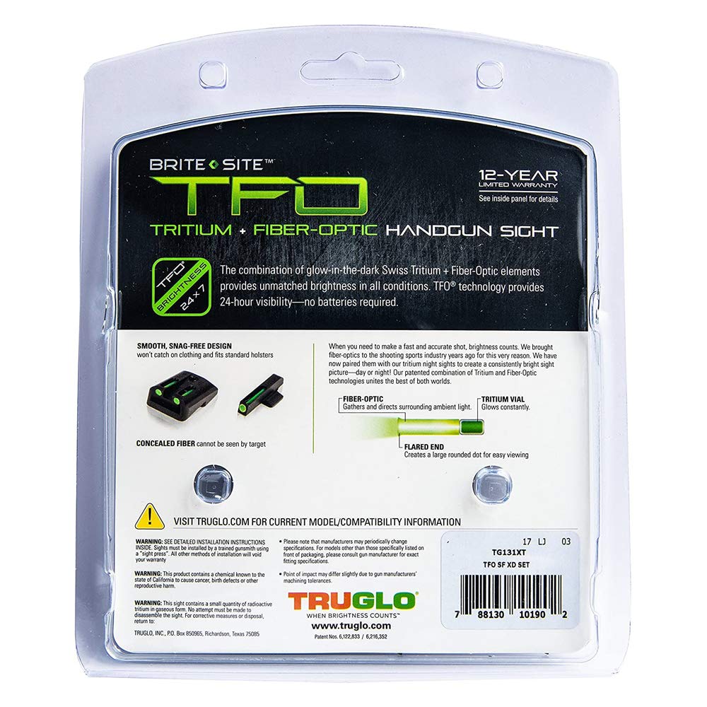 Truglo TFO Tritium & Fiber-Optic Handgun Sights - Glow-in-the-Dark Front & Rear Night Sights for Springfield Armory XD Series - Snag-Free Design for Tactical Shooting & Home Defense