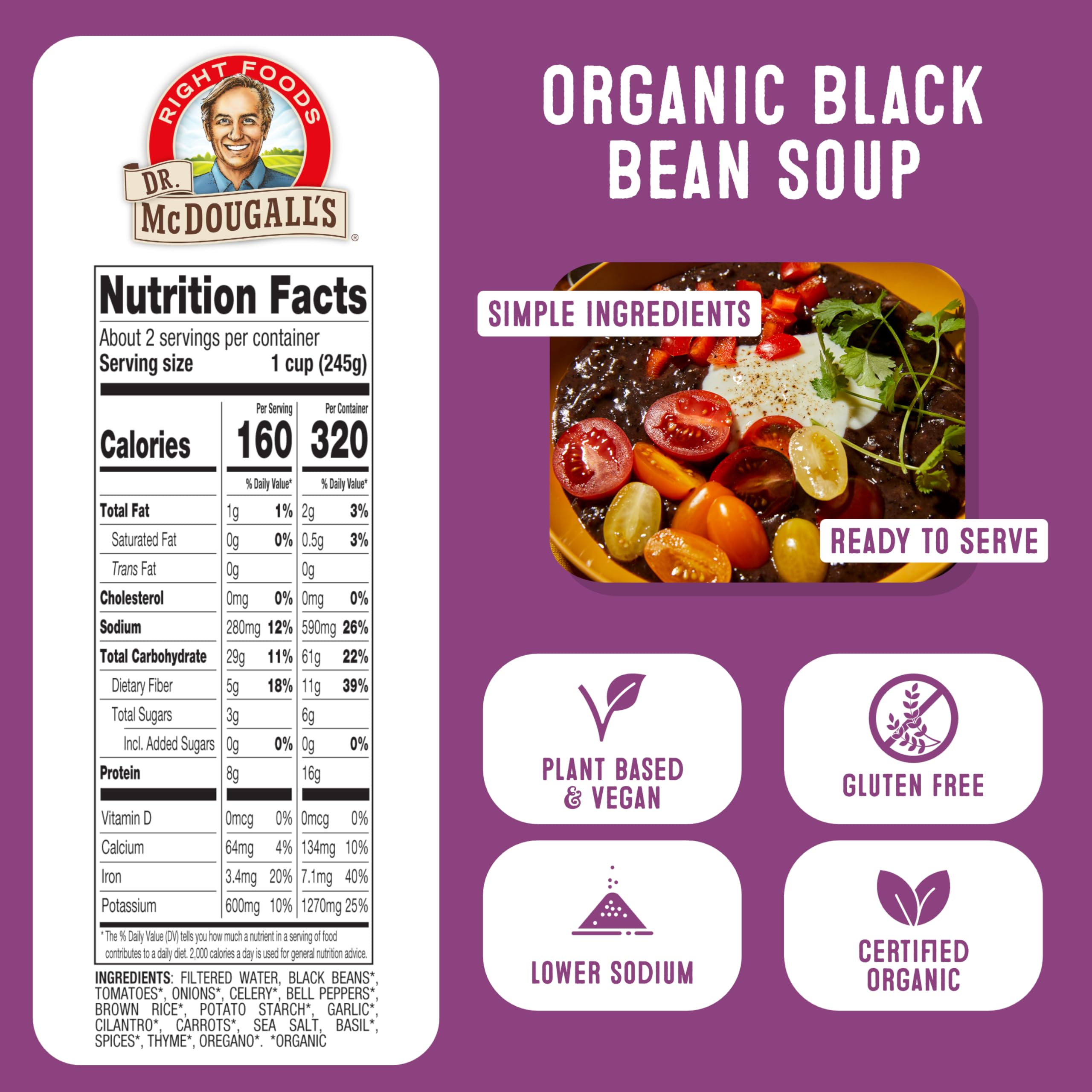 Organic Lower Sodium Black Bean Soup by Dr. McDougall's Right Foods - 18 fl oz (Pack of 6) | Healthy Vegan Meal, Quick Lunch or Camping Food
