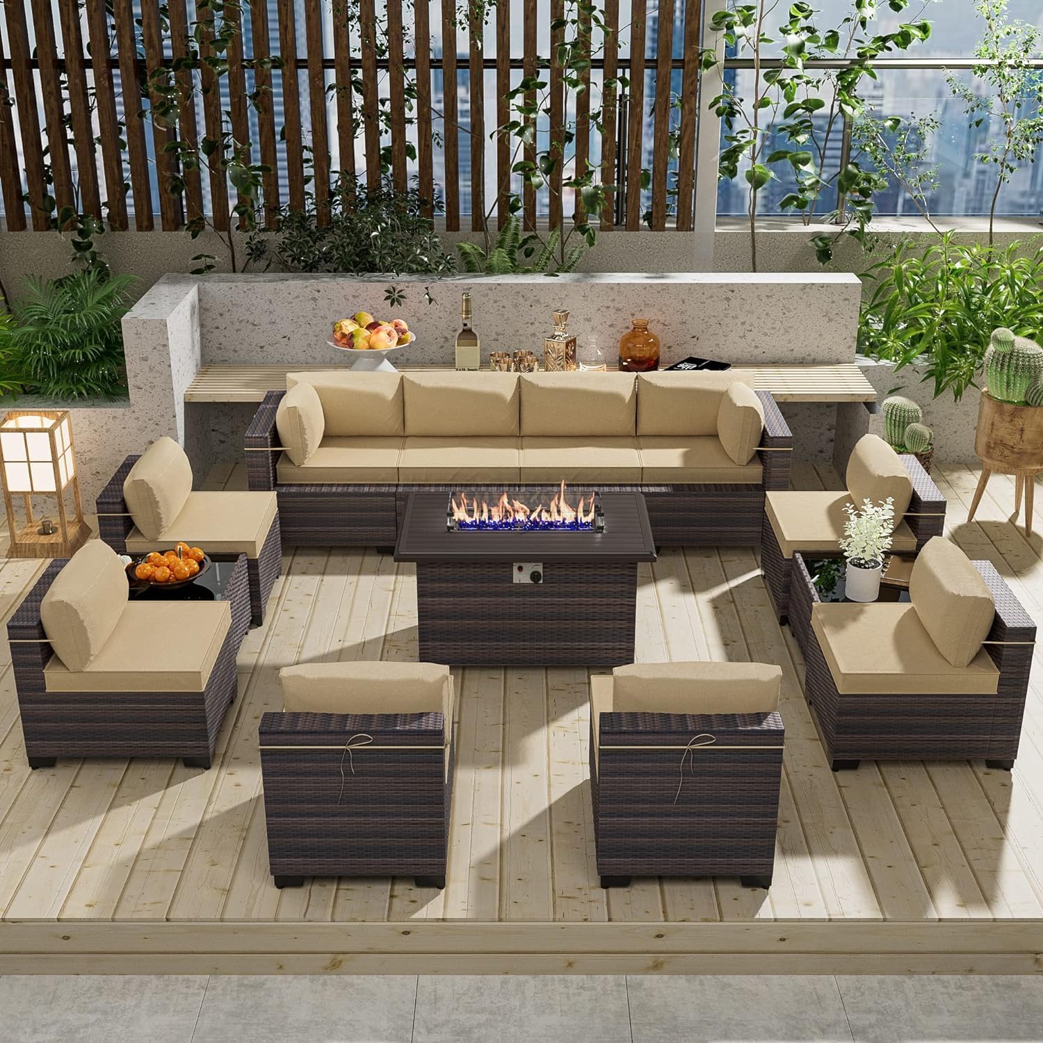 13-Piece Outdoor Patio Furniture Set with Propane Fire Pit Table - Brown Sectional Sofa Conversation Set with ETL-Approved 43