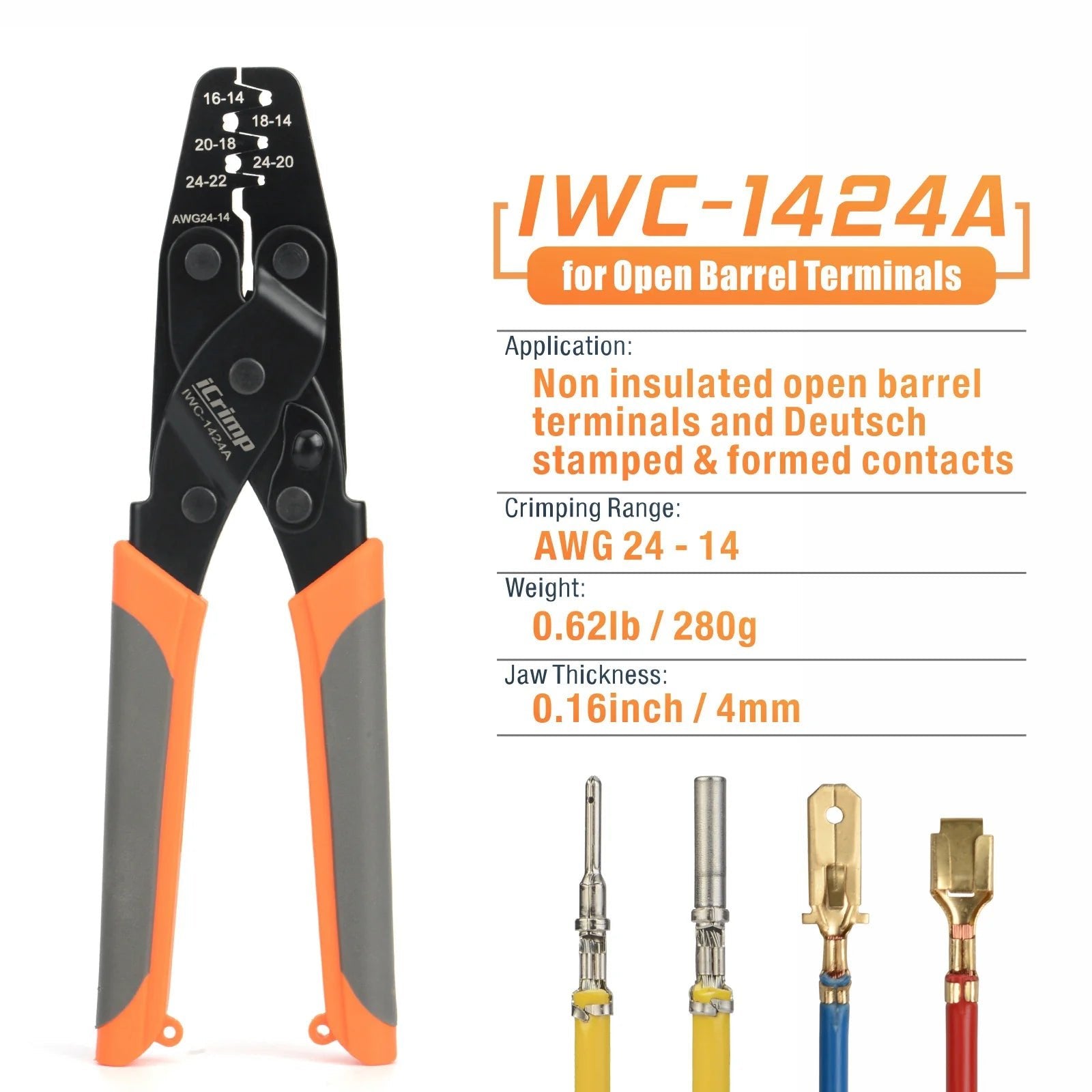 IWC 1424A Wire Crimper Tool for AWG24-14 Deutsch DT Series Contacts - Open Barrel Terminal Crimping Pliers for Automotive & Electrical Wiring Applications