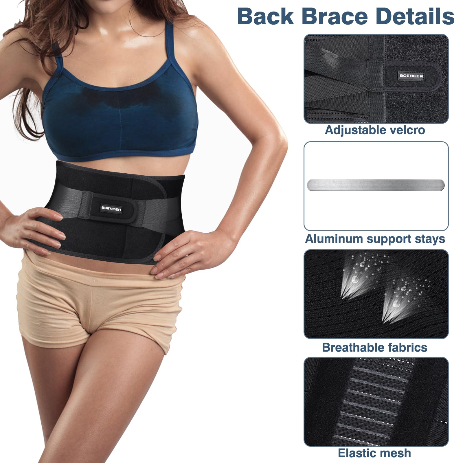 Boenoea Adjustable Back Brace for Lower Back Pain Relief - Lumbar Support Belt for Men & Women with Herniated Disc, Scoliosis, Sciatica - Heavy Lifting Support - Ideal for Workouts, Office & Post-Surgery Recovery