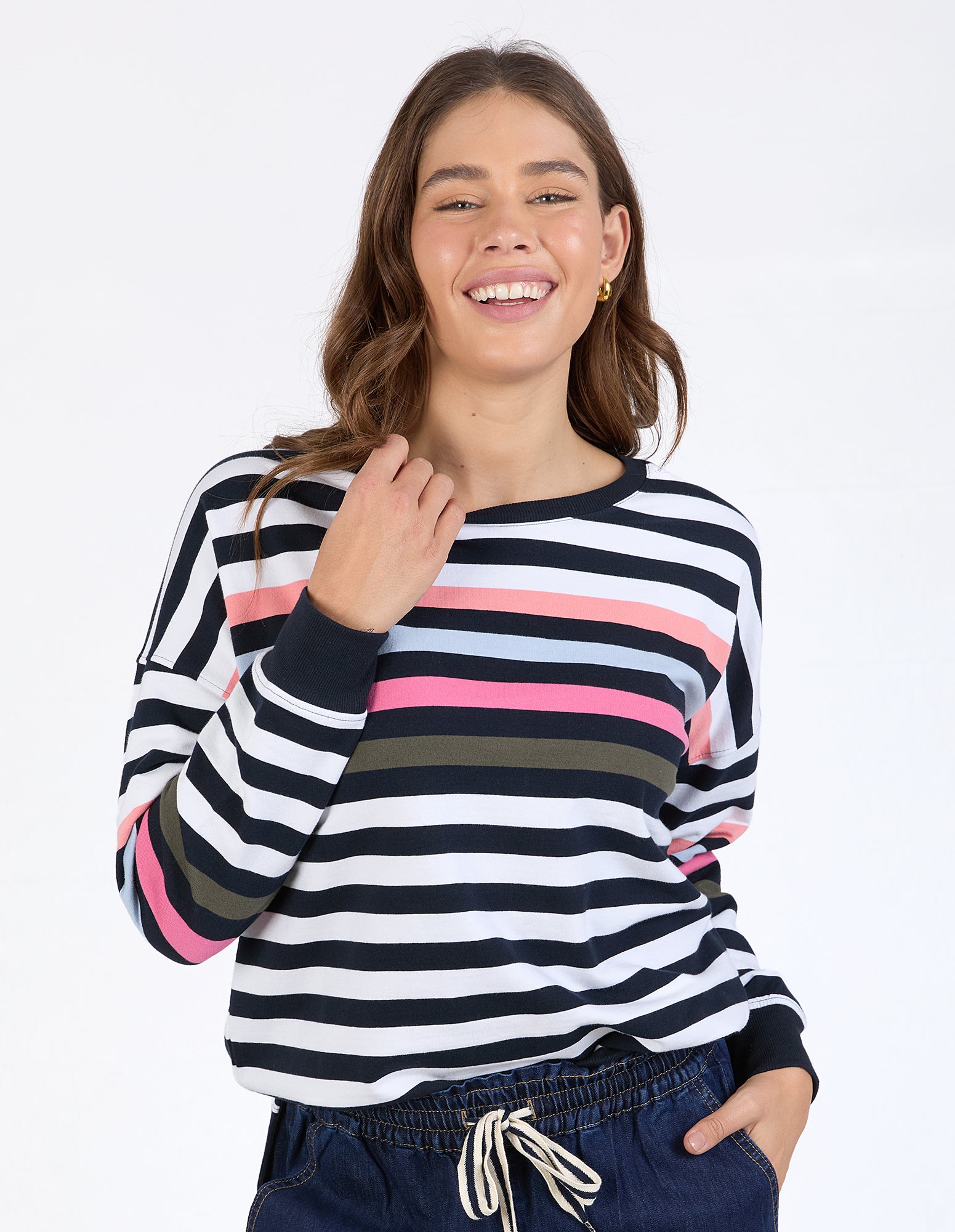 Elm Merriment Crew Neck Sweater - Navy & White Striped Pullover for Men & Women | Cozy Casual Wear for Fall & Winter