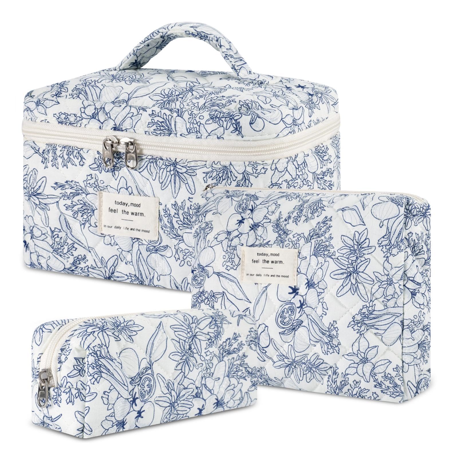 Quilted Makeup Bag Set - 3 Piece Cotton Floral Cosmetic Organizer for Women | Large Travel Toiletry Pouch | Perfect for Travel, Gym, and Daily Beauty Essentials Storage