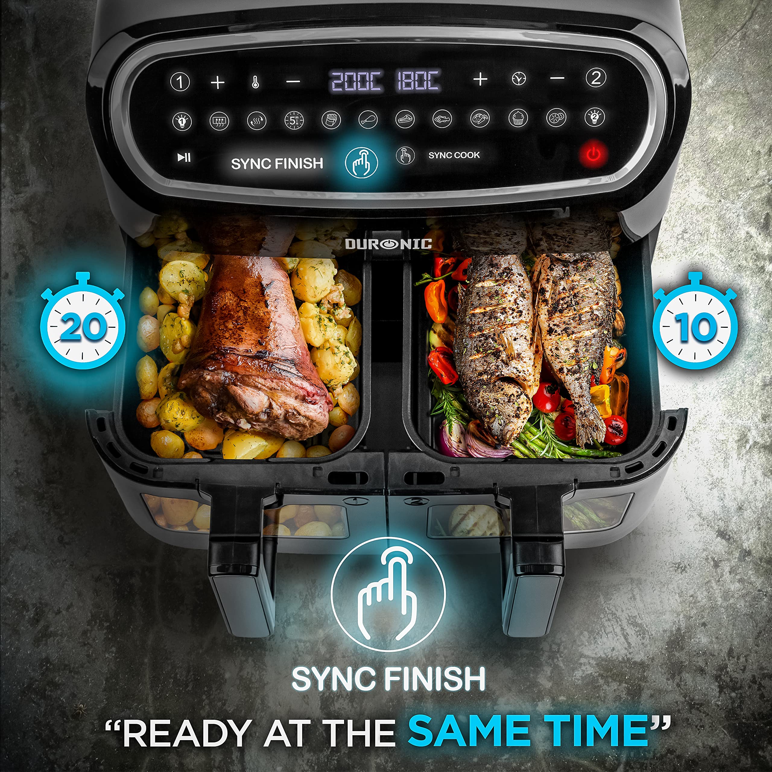 Duronic AF24 10L Dual Drawer Digital Air Fryer with Visual Window | 2-Zone Cooking | 10-in-1 Functions for Healthy Oil-Free Meals | Perfect for Family Cooking, Roasting, Baking | Dishwasher Safe Non-Stick Baskets (Black) | Ideal for Busy Households & Meal Prep