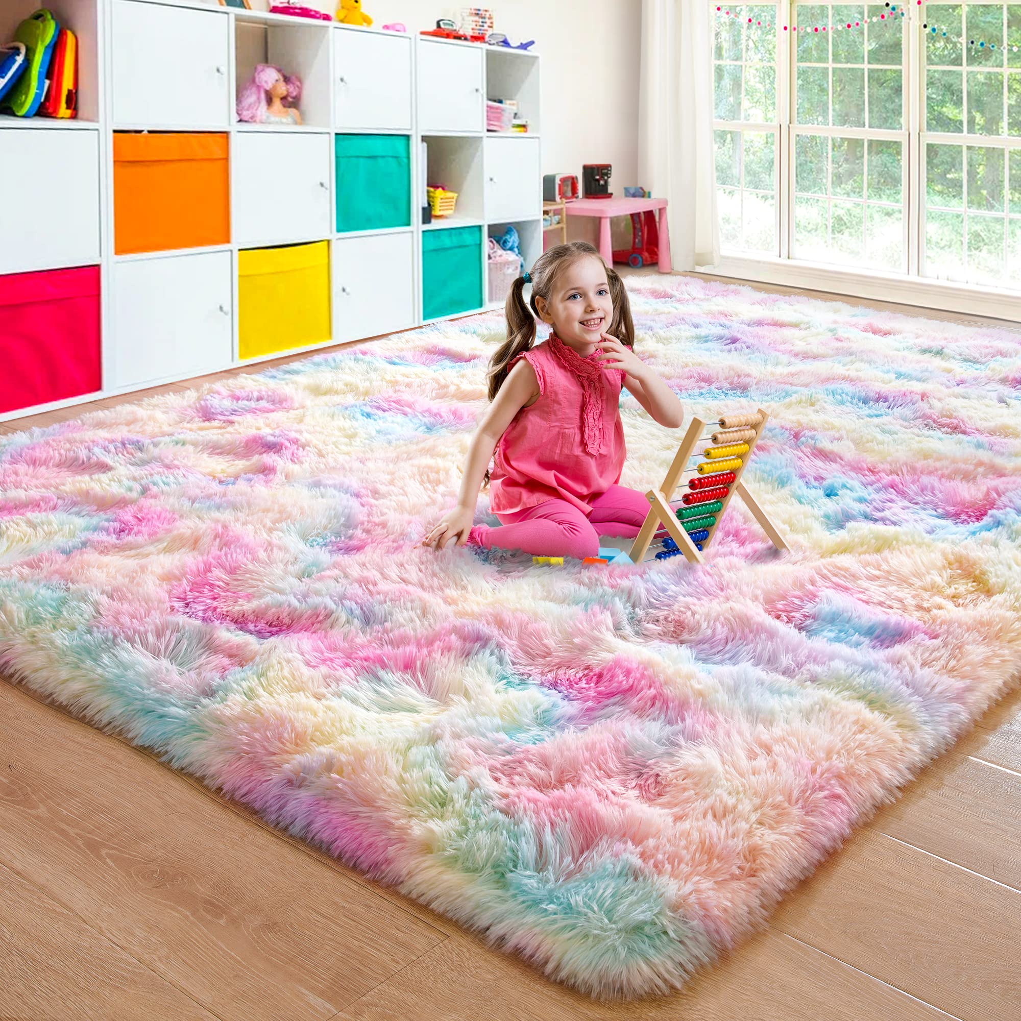Junovo Soft Rainbow Area Rugs for Girls Room - Fluffy Colorful Kids Rug, Shaggy Play Mat for Baby Nursery & Bedroom Decor - 3x5ft Tie-Dyed Floor Carpet - Perfect for Playtime, Learning & Cozy Home Decor