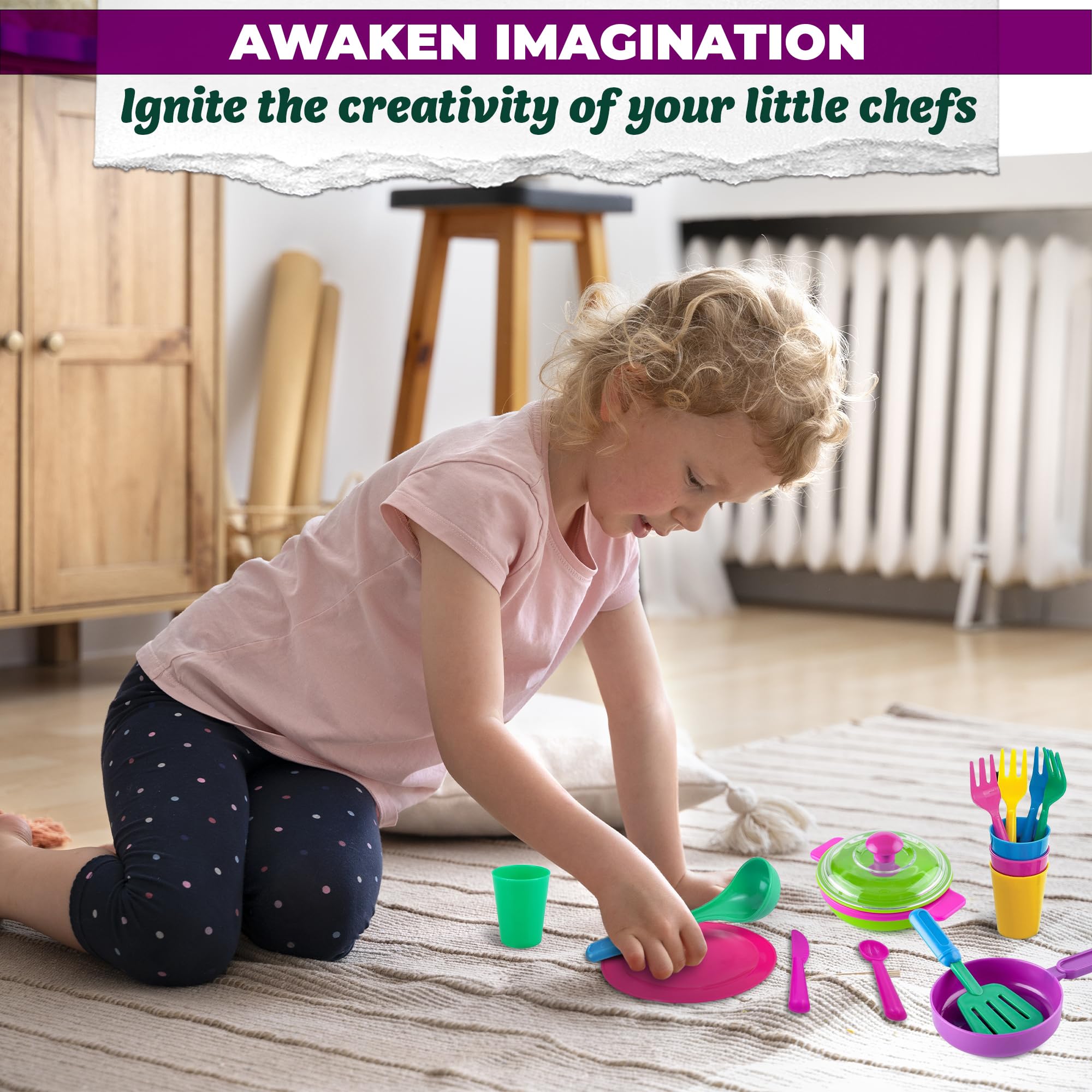 **27Pcs Kids Play Kitchen Dishes Set - Pretend Play Plates, Bowls & Utensils for Toddlers - Durable Plastic Toy Dishes for Indoor/Outdoor Play Kitchen Accessories**    *(Use for pretend cooking, tea parties, outdoor picnics & role-playing games!)*