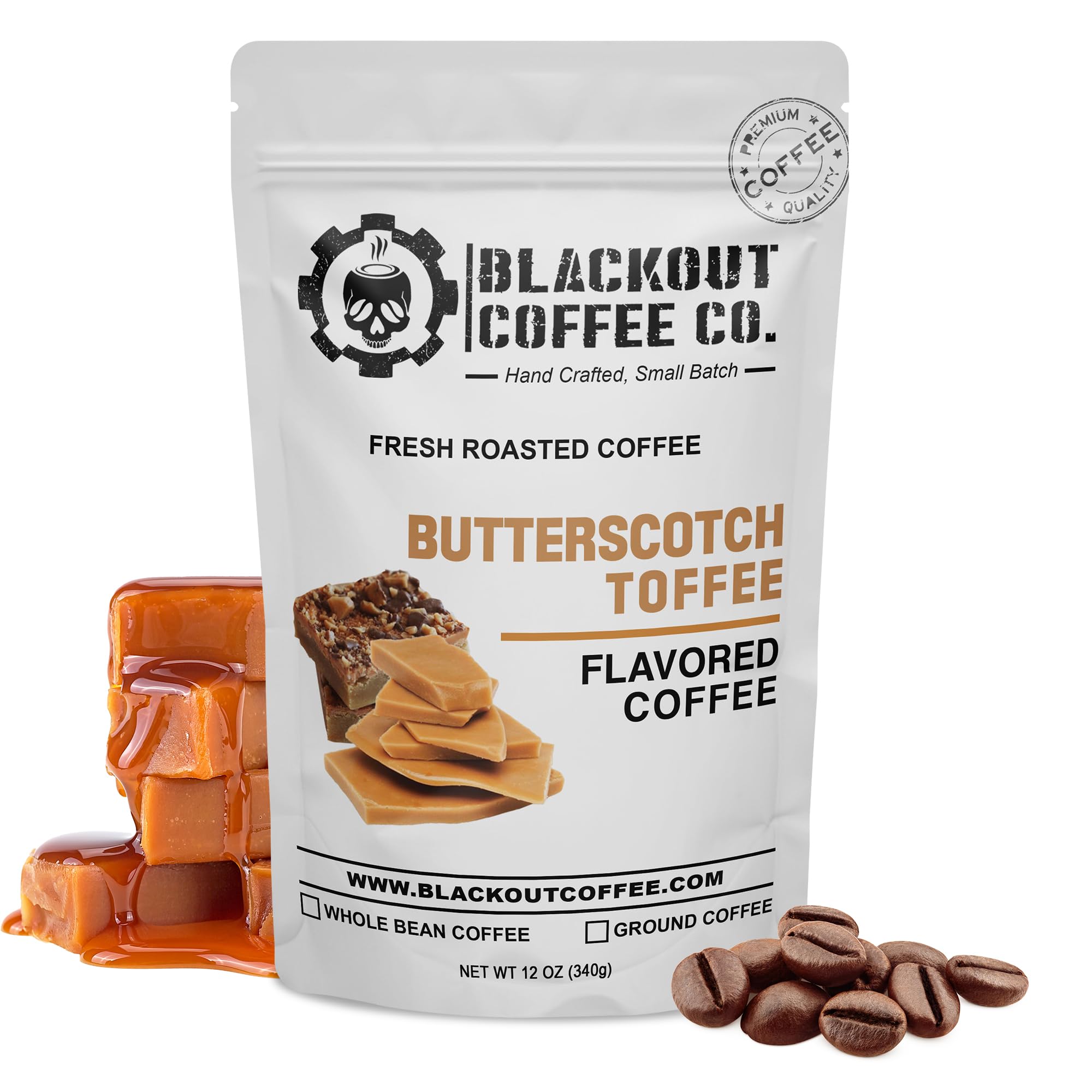 Blackout Coffee Butterscotch Toffee Flavored Medium Roast Ground Coffee - Freshly Roasted in USA - 12 oz Pouch for Home, Office & Gifts - Premium Aromatic Coffee for Morning Brew & Afternoon Pick-Me-Up