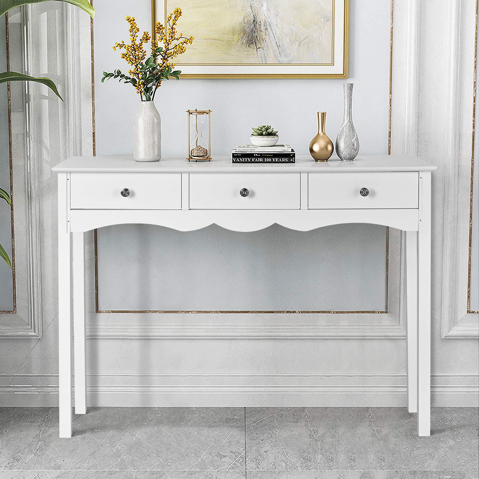 KOTEK White Console Table with 3 Drawers - Wooden Sofa Table with Storage, Entryway Hall Table for Living Room & Bedroom - Perfect for Small Spaces, Home Decor, and Organizing Essentials